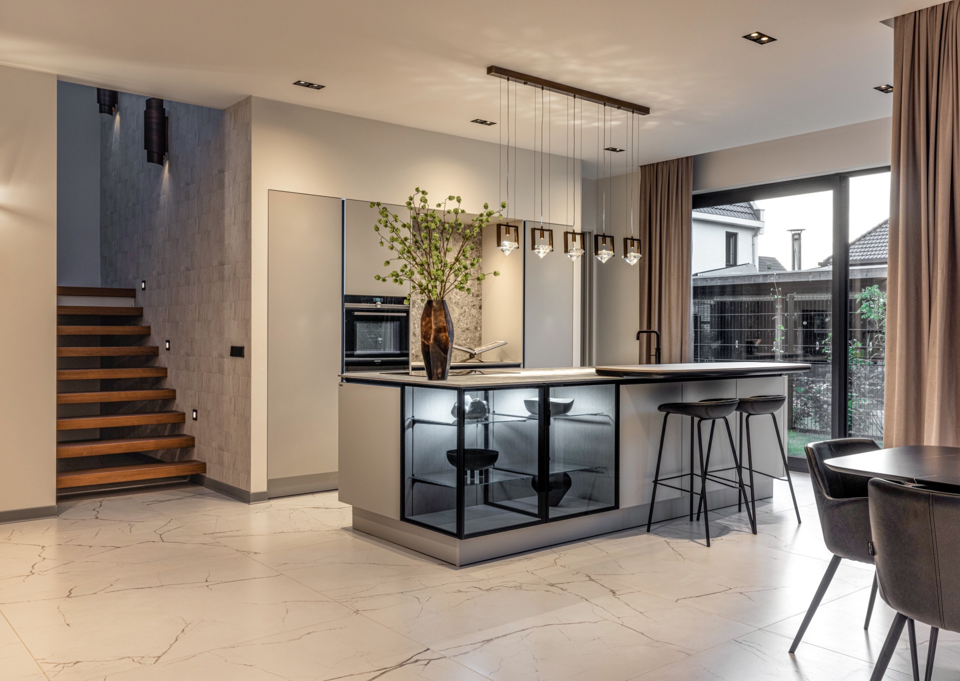 luxury pendant lighting interior: kitchen with island and spherical pendant lights above the worktop, with view outdoors, Luxury, Design, Exclusive, Modern, Custom Made, Special, Beautiful
