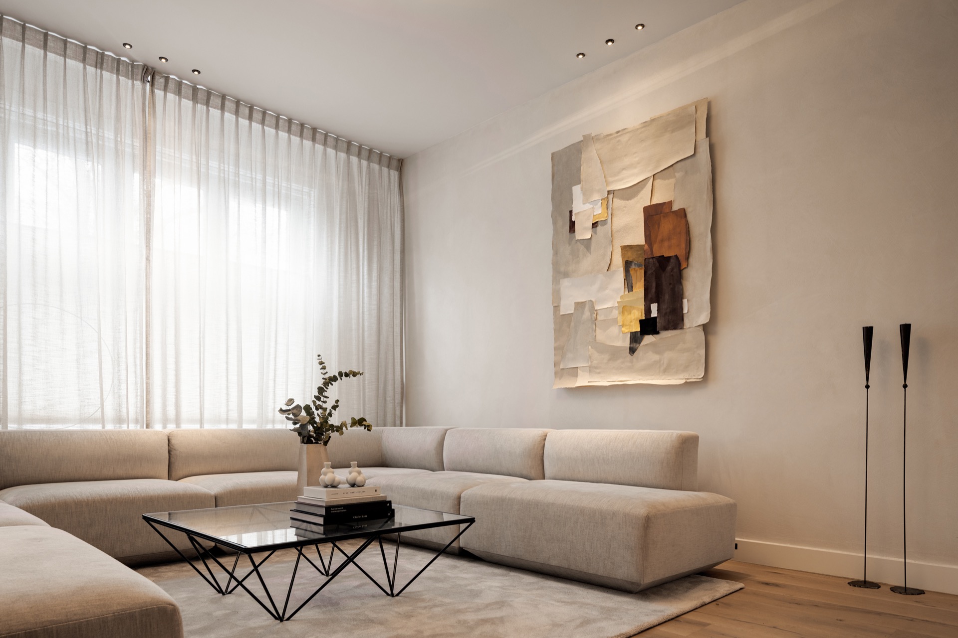 interior lighting plan: living room with window drapery, wall art, and subtle ceiling spotlights, Luxury, Design, Exclusive, Modern, Custom Made, Special, Beautiful