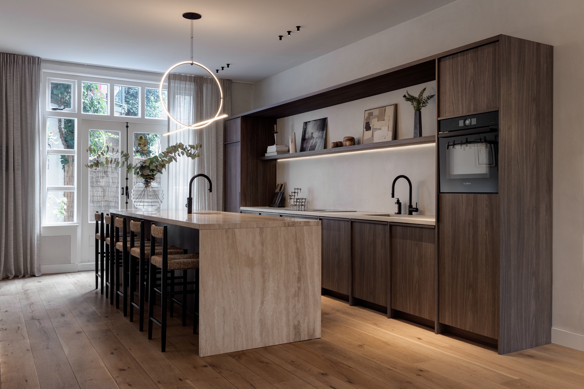 interior lighting plan: kitchen bar with circular pendant lights and subtle ceiling spotlights over the countertop, Luxury, Design, Exclusive, Modern, Custom Made, Special, Beautiful