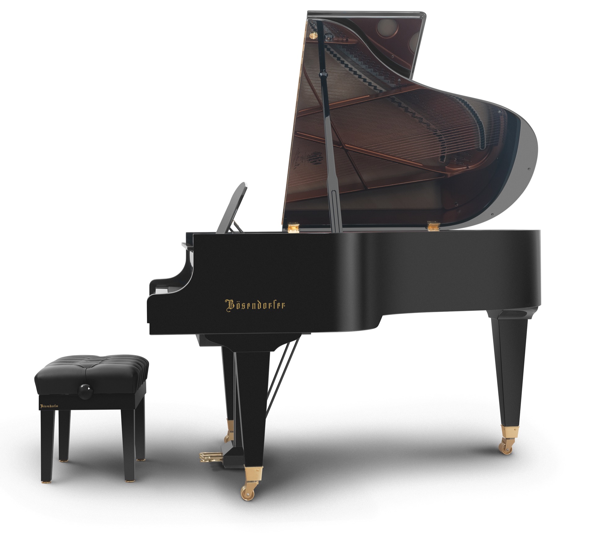 interno pianoforte: vista laterale di una coda nera aperta con interno e ferramenta su sfondo bianco, Luxury, Design, Exclusive, Modern, Custom Made, Special, Beautiful