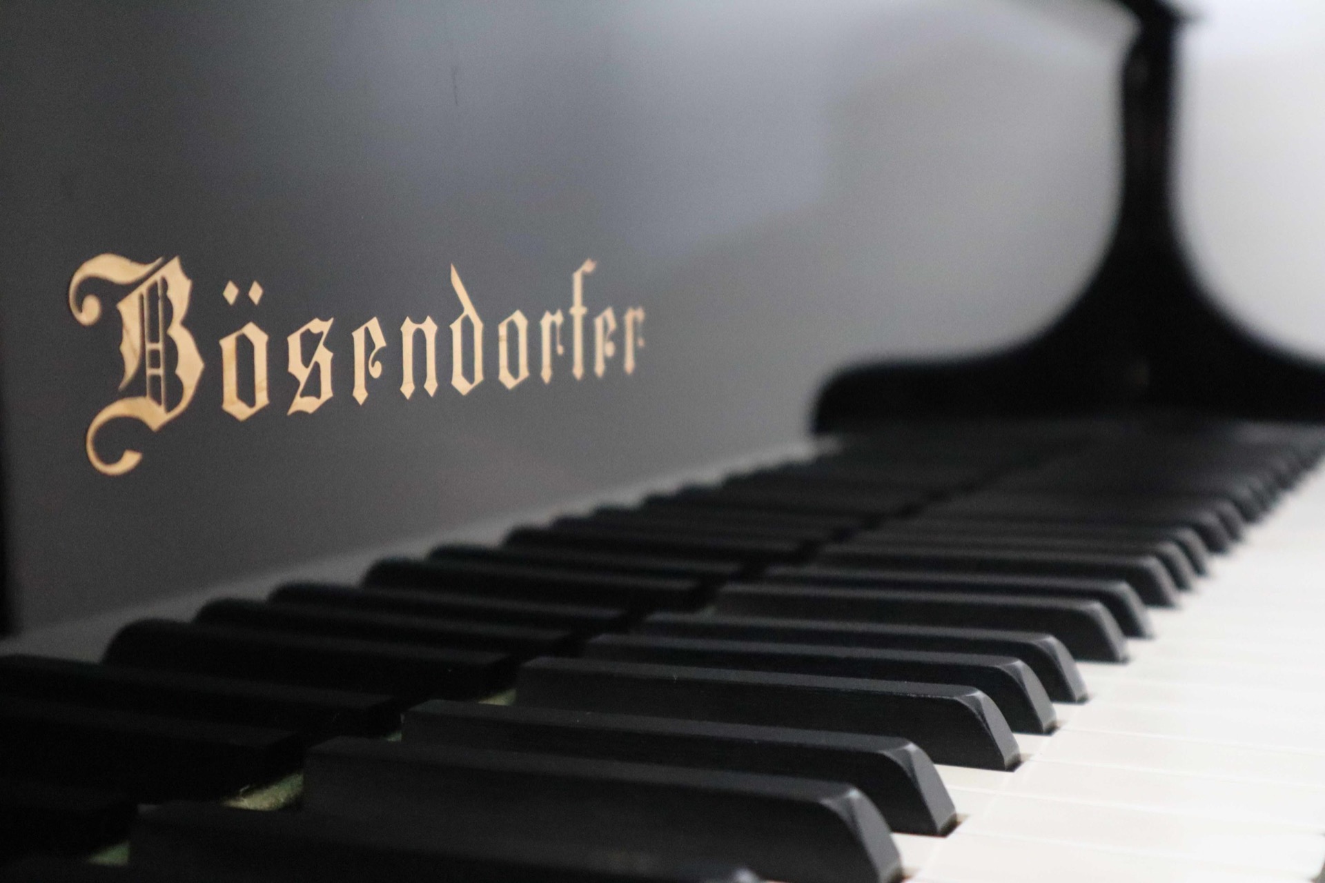 interno pianoforte: primo piano del corpo nero del pianoforte con scritta del marchio e tasti visibili, Luxury, Design, Exclusive, Modern, Custom Made, Special, Beautiful