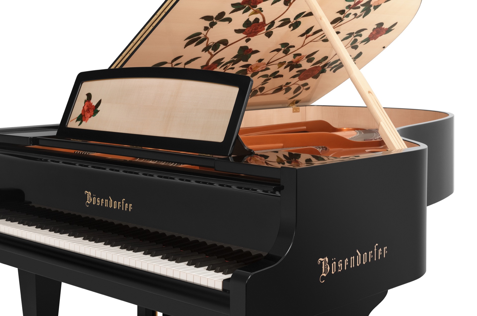 interno pianoforte: coda nera aperta con pannello interno decorativo, tasti e interno visibile, Luxury, Design, Exclusive, Modern, Custom Made, Special, Beautiful