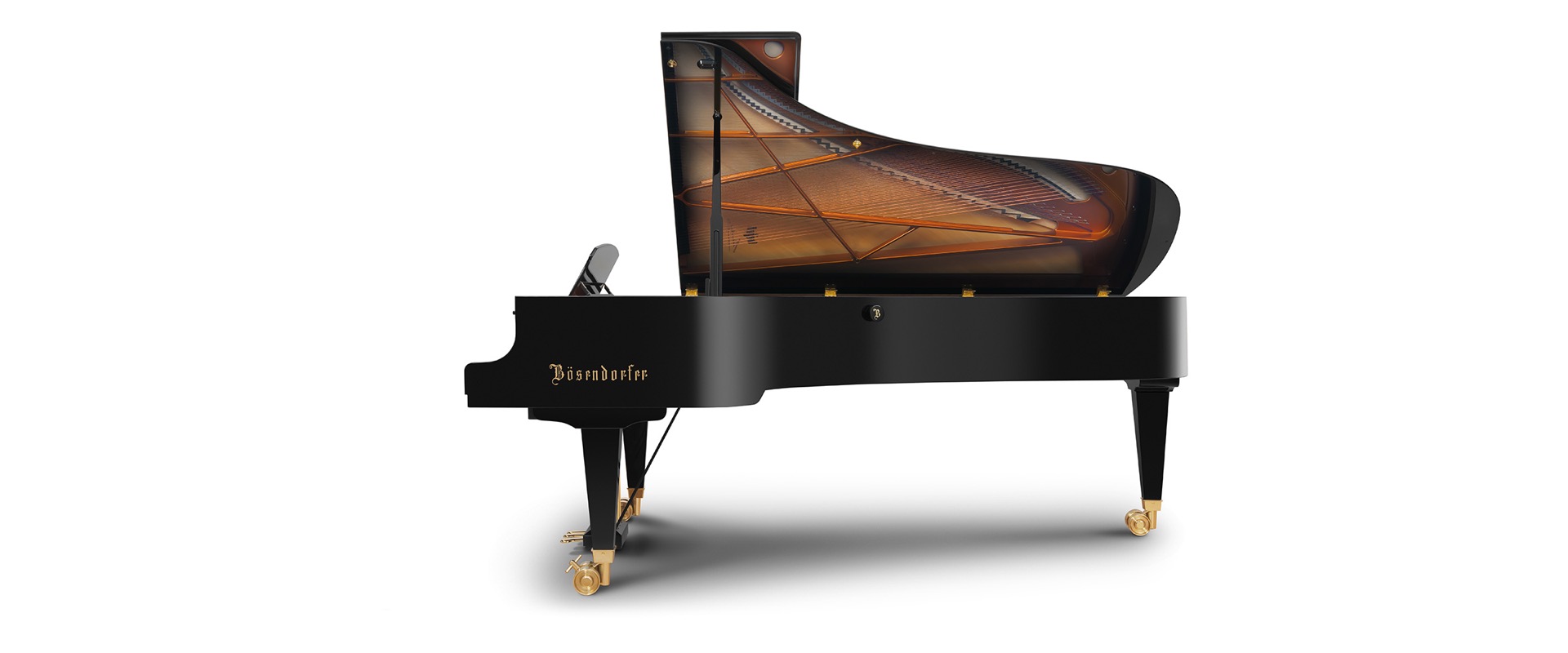 interno pianoforte: vista laterale di una coda nera aperta con corde, struttura e gambe visibili, Luxury, Design, Exclusive, Modern, Custom Made, Special, Beautiful