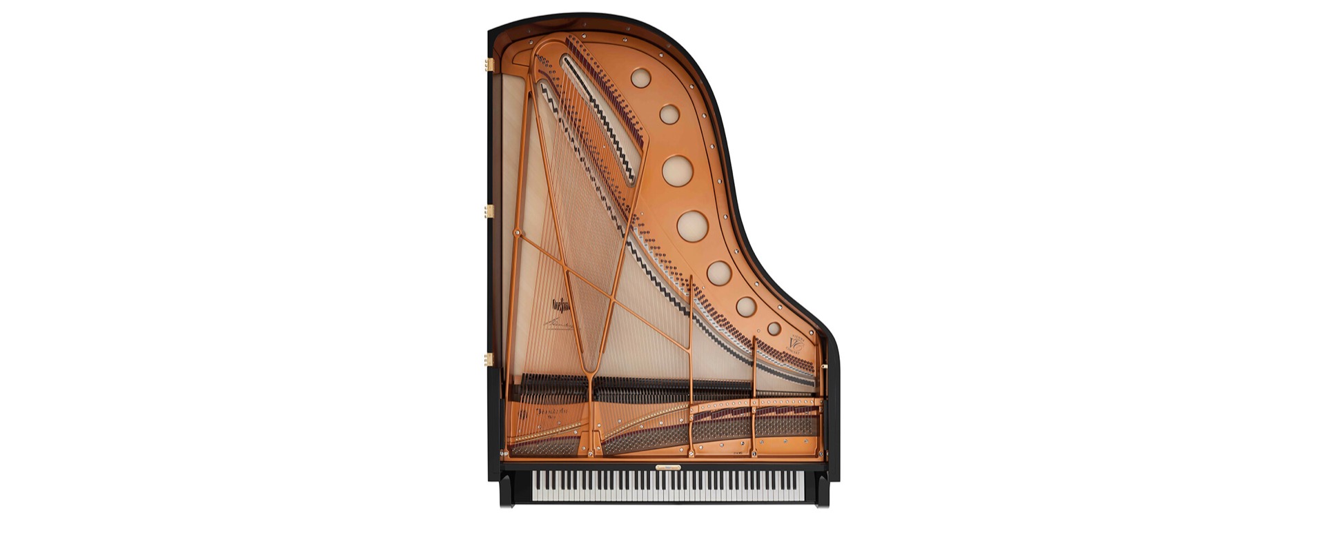 interno pianoforte: dettaglio dell’interno di una coda con corde e struttura in legno marrone caldo, Luxury, Design, Exclusive, Modern, Custom Made, Special, Beautiful