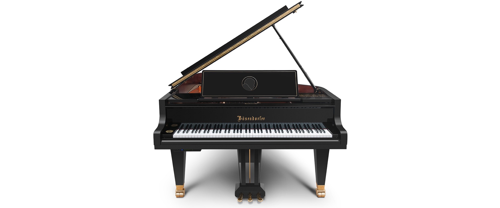 interno pianoforte: vista frontale di una coda nera aperta con schermo sul pannello interno e tasti, Luxury, Design, Exclusive, Modern, Custom Made, Special, Beautiful