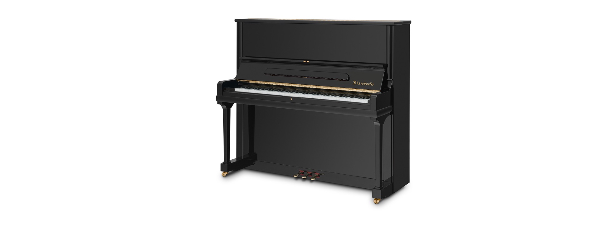 interno pianoforte: pianoforte verticale nero su sfondo bianco con tasti e rotelle sotto il mobile, Luxury, Design, Exclusive, Modern, Custom Made, Special, Beautiful