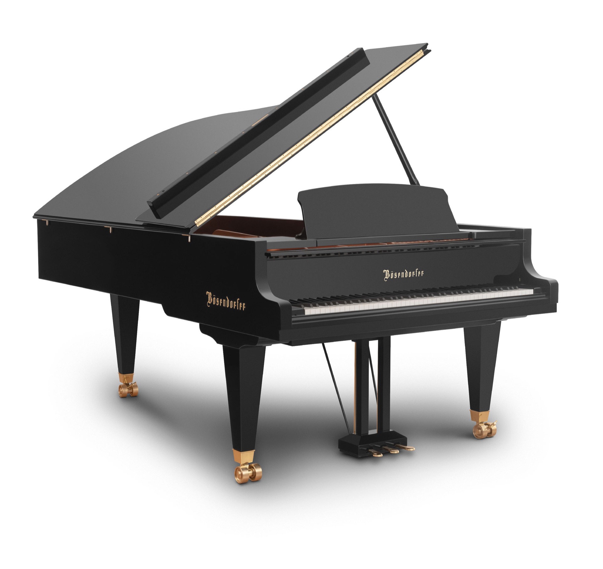 interno pianoforte: vista tre quarti di una coda nera aperta con tasti e ferramenta dorata, Luxury, Design, Exclusive, Modern, Custom Made, Special, Beautiful