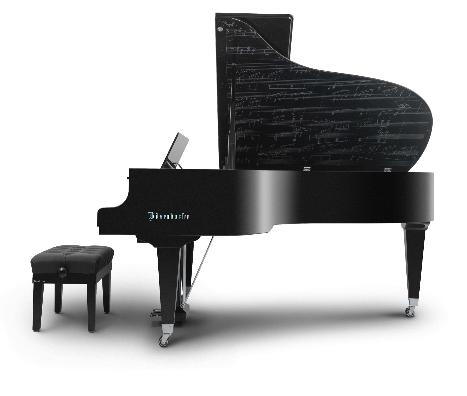 interno pianoforte: vista laterale di un pianoforte verticale nero con pannello interno aperto e tasti visibili, Luxury, Design, Exclusive, Modern, Custom Made, Special, Beautiful