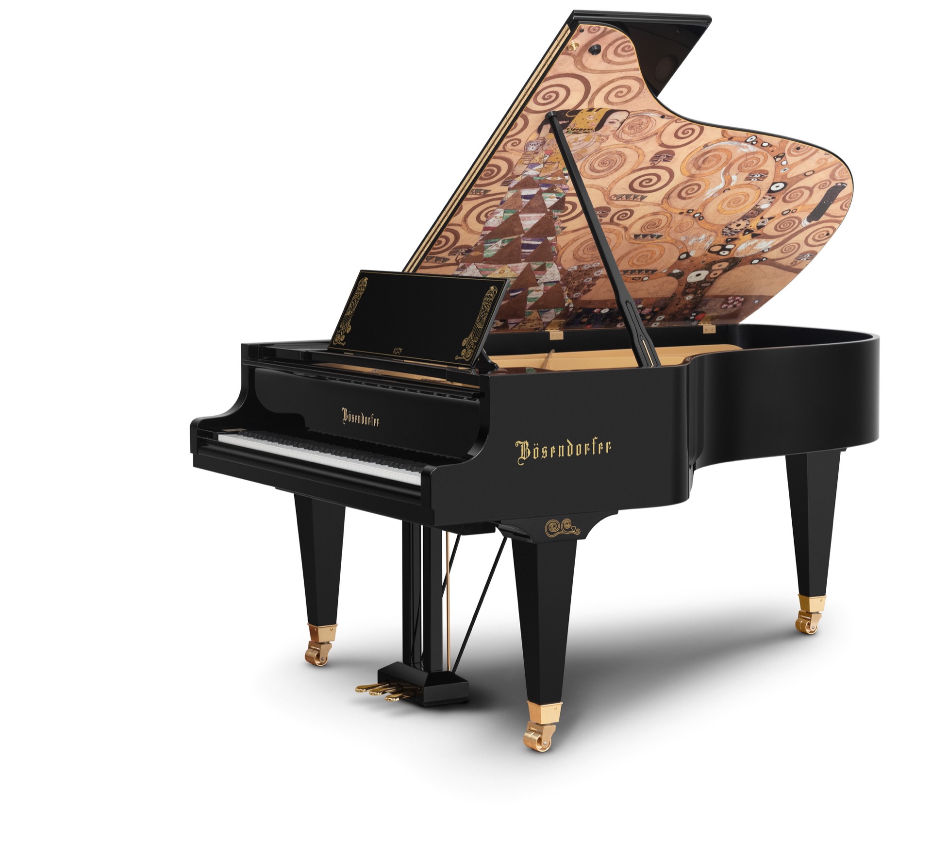 interno pianoforte: coda nera aperta con pannello interno decorativo, tasti e ferramenta dorata, Luxury, Design, Exclusive, Modern, Custom Made, Special, Beautiful