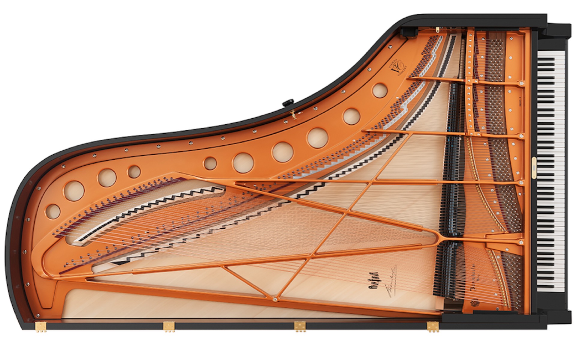 interno pianoforte: primo piano dell’interno di una coda con corde, pannelli in legno e componenti metallici, Luxury, Design, Exclusive, Modern, Custom Made, Special, Beautiful