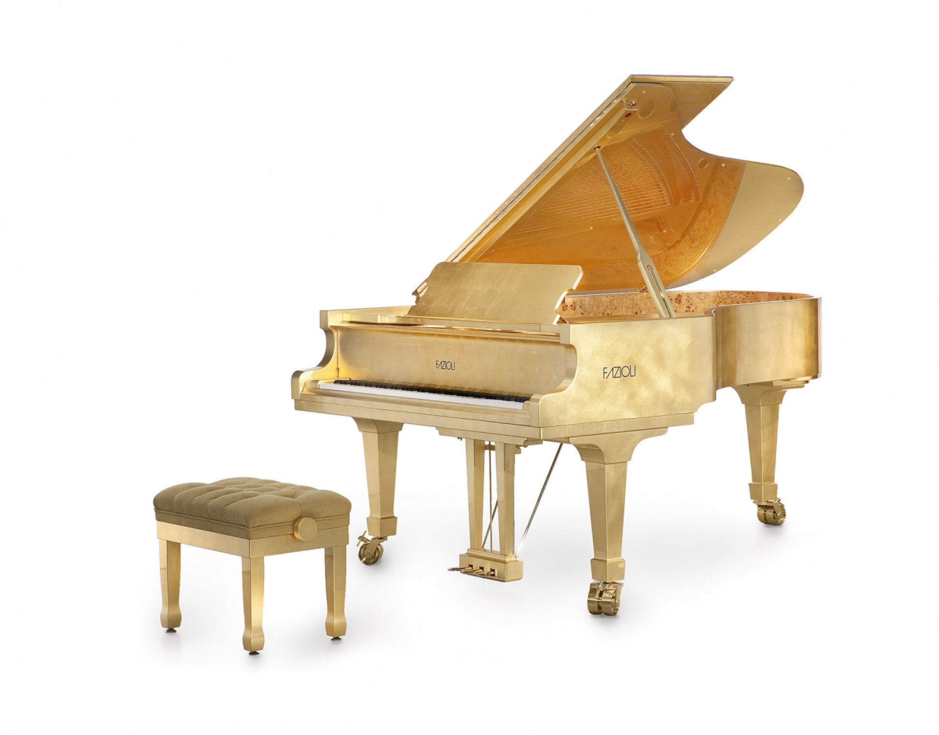interno pianoforte a coda: pianoforte a coda con finitura color oro e coperchio aperto in studio, Luxury, Design, Exclusive, Modern, Custom Made, Special, Beautiful