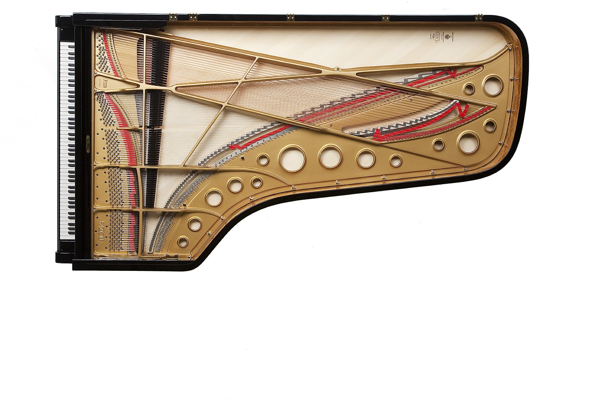 interno pianoforte a coda: interno del pianoforte a coda con gruppo di corde e pannelli del telaio color oro, foto studio, Luxury, Design, Exclusive, Modern, Custom Made, Special, Beautiful