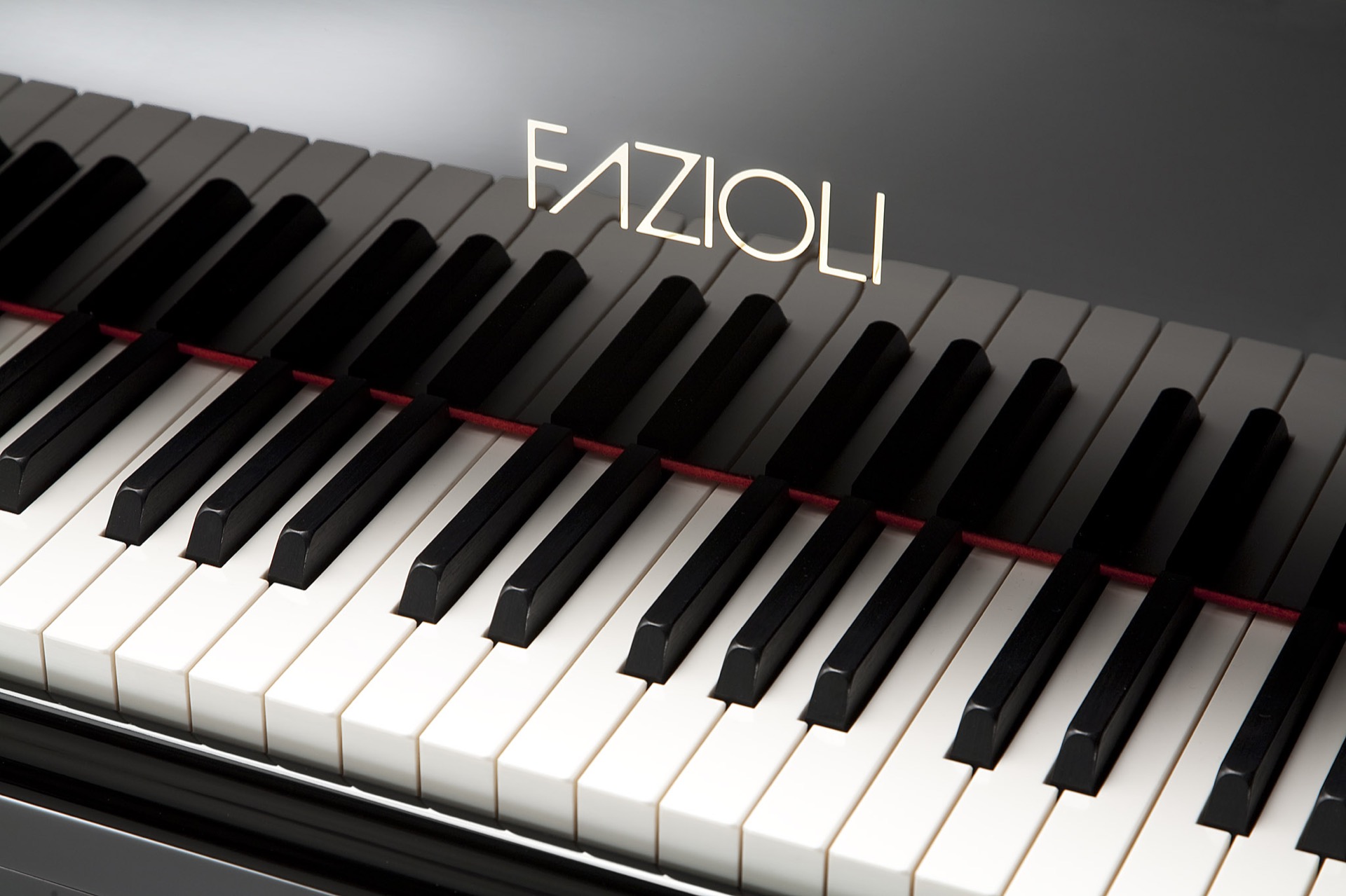 interno pianoforte a coda: primo piano della tastiera di un pianoforte a coda con tasti bianchi e neri e accento decorativo, Luxury, Design, Exclusive, Modern, Custom Made, Special, Beautiful