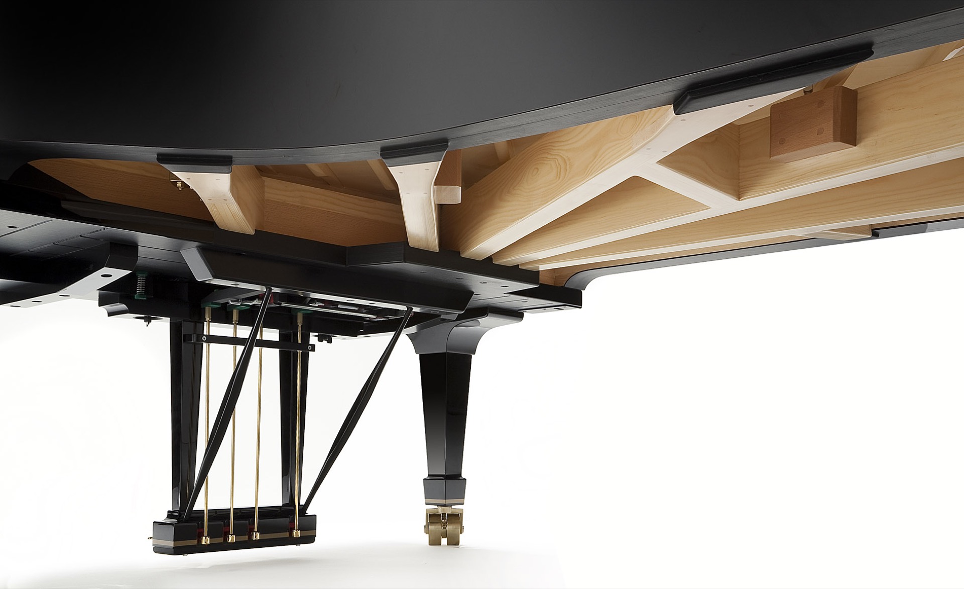 interno pianoforte a coda: vista laterale di un pianoforte a coda aperto con supporti in legno e piastre di montaggio, Luxury, Design, Exclusive, Modern, Custom Made, Special, Beautiful