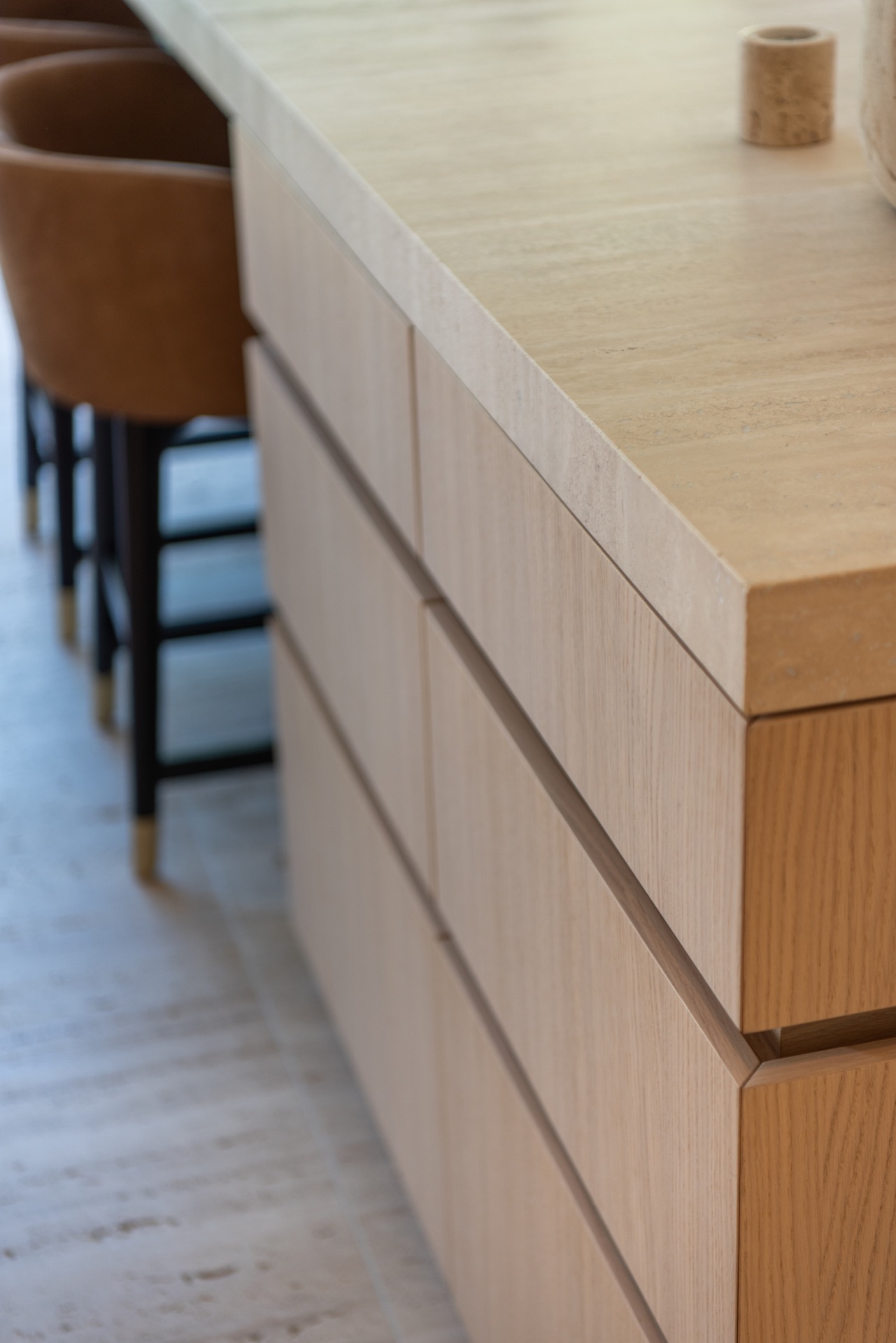modern villa interior: kitchen detail showing wood cabinetry and stone-look countertop edge, Luxury, Design, Exclusive, Modern, Custom Made, Special, Beautiful