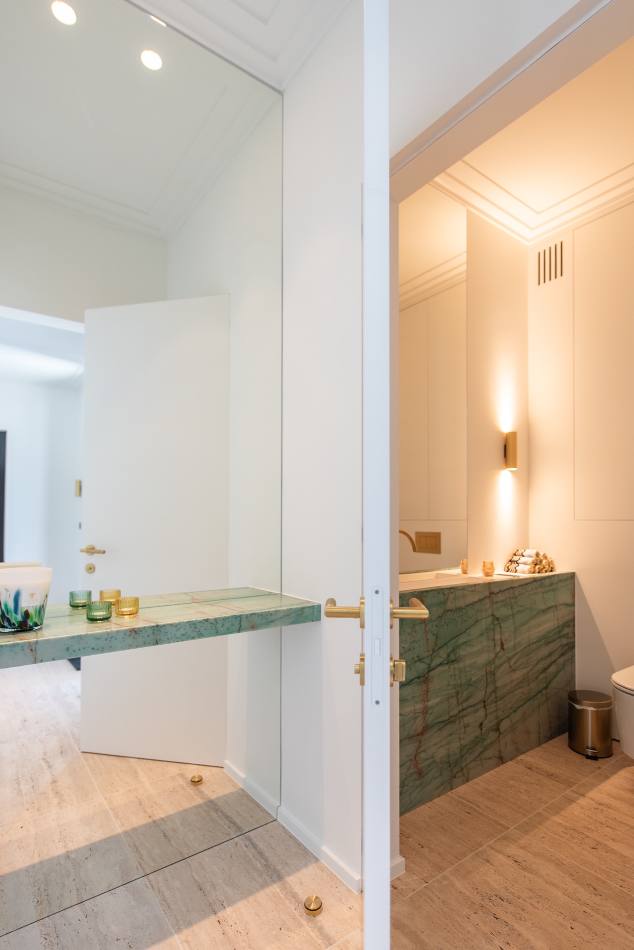modern villa interior: bathroom with double vanity on a stone-look countertop and integrated lighting, Luxury, Design, Exclusive, Modern, Custom Made, Special, Beautiful