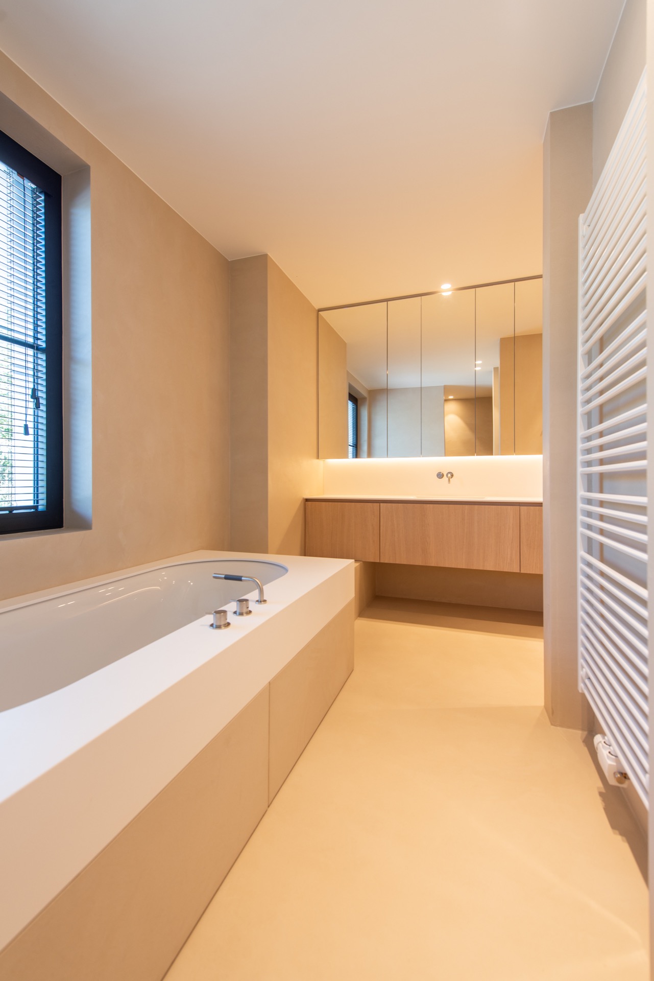 modern villa interior: bathroom with long vanity unit, mirror wall and warm ceiling lighting, Luxury, Design, Exclusive, Modern, Custom Made, Special, Beautiful