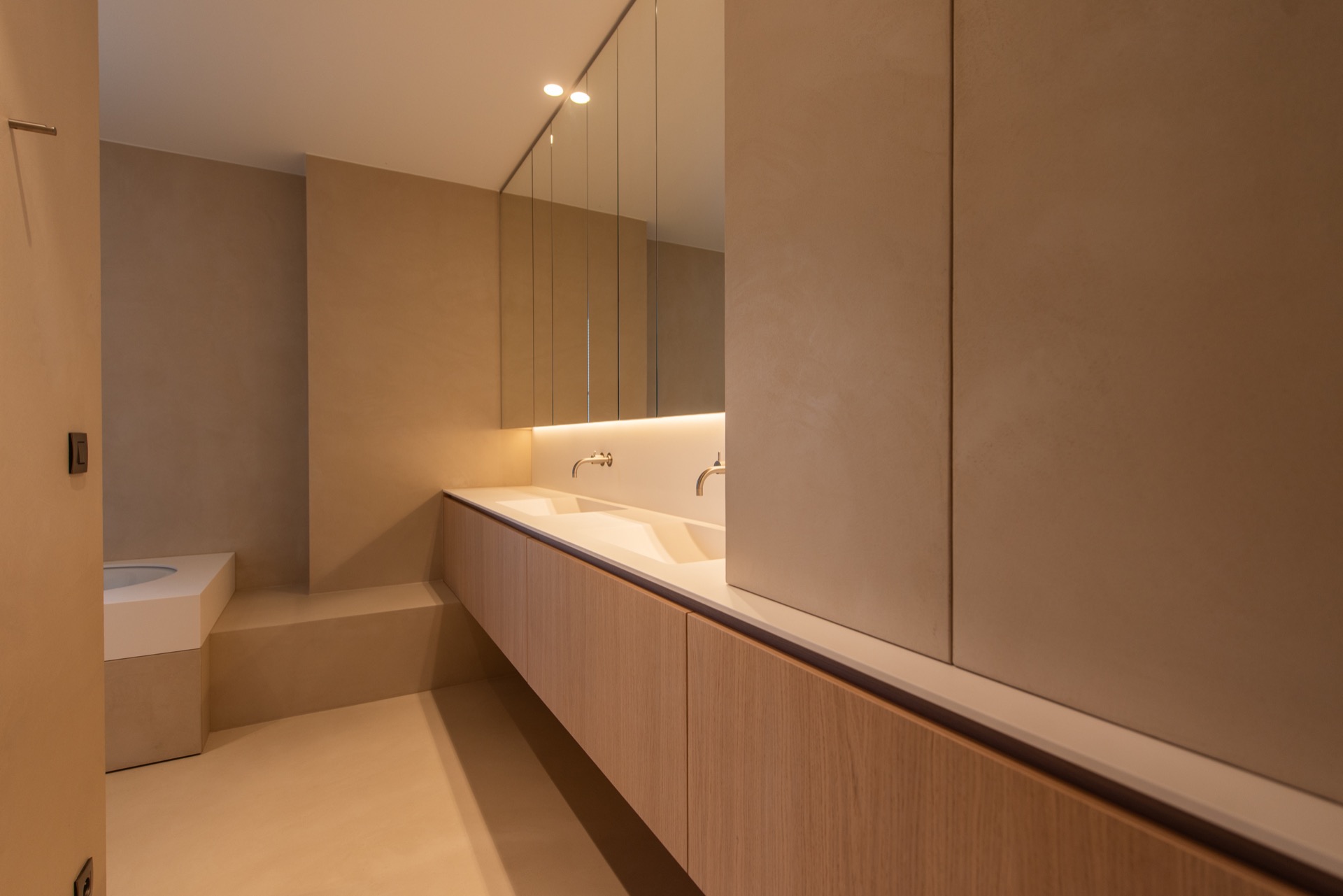 modern villa interior: bathroom with built-in vanity recess and custom cabinetry with warm lighting, Luxury, Design, Exclusive, Modern, Custom Made, Special, Beautiful