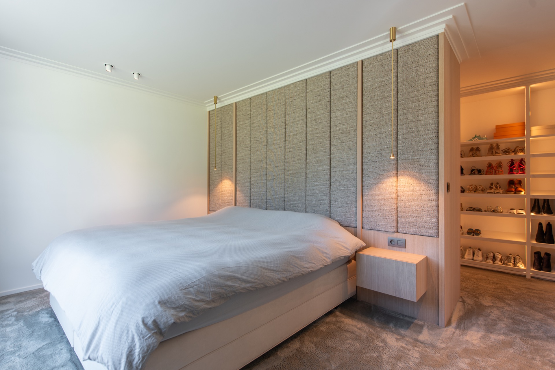 modern villa interior: bedroom with illuminated dressing wall, built-in cabinets, curtains and large window light, Luxury, Design, Exclusive, Modern, Custom Made, Special, Beautiful