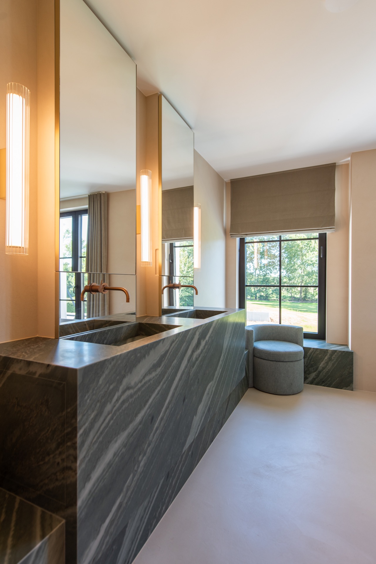 modern villa interior: bathroom with double vanity, warm wall lighting and large window with curtains, Luxury, Design, Exclusive, Modern, Custom Made, Special, Beautiful
