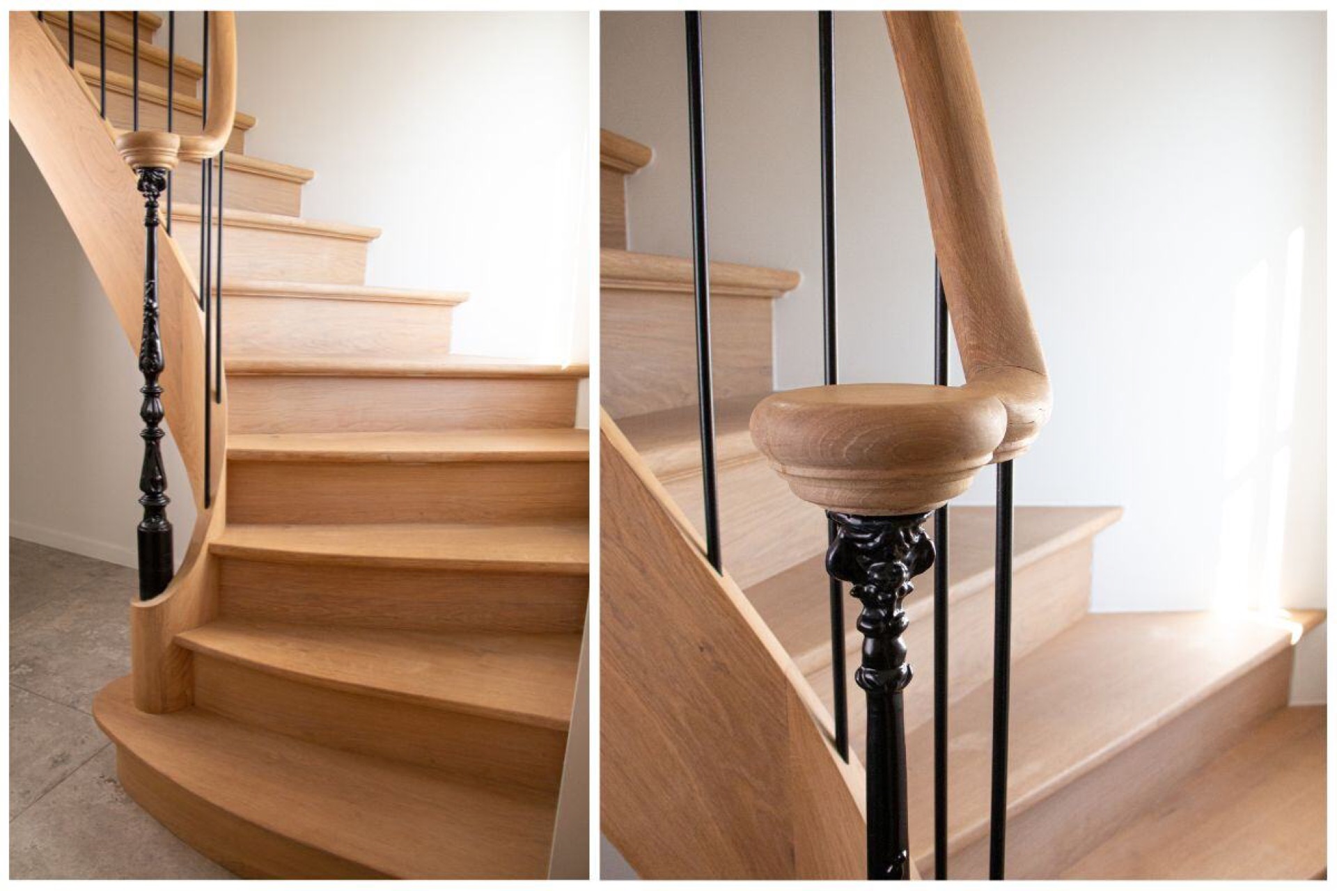 houten trap met zwarte balustrade: detail van houten trap met afgeronde leuning en zwarte balusters, Luxury, Design, Exclusive, Modern, Custom Made, Special, Beautiful
