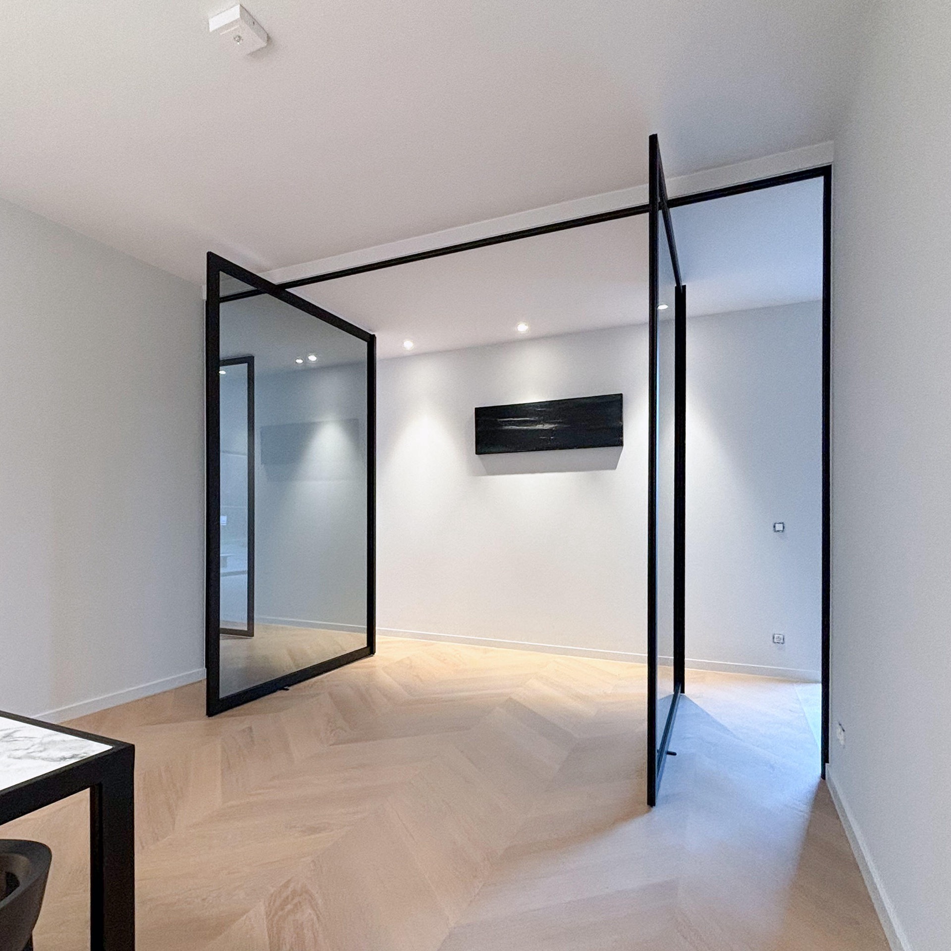 Steel look pivotdeur met zwart kozijn en zicht op trap, Luxury, Design, Exclusive, Modern, Custom Made, Special, Beautiful