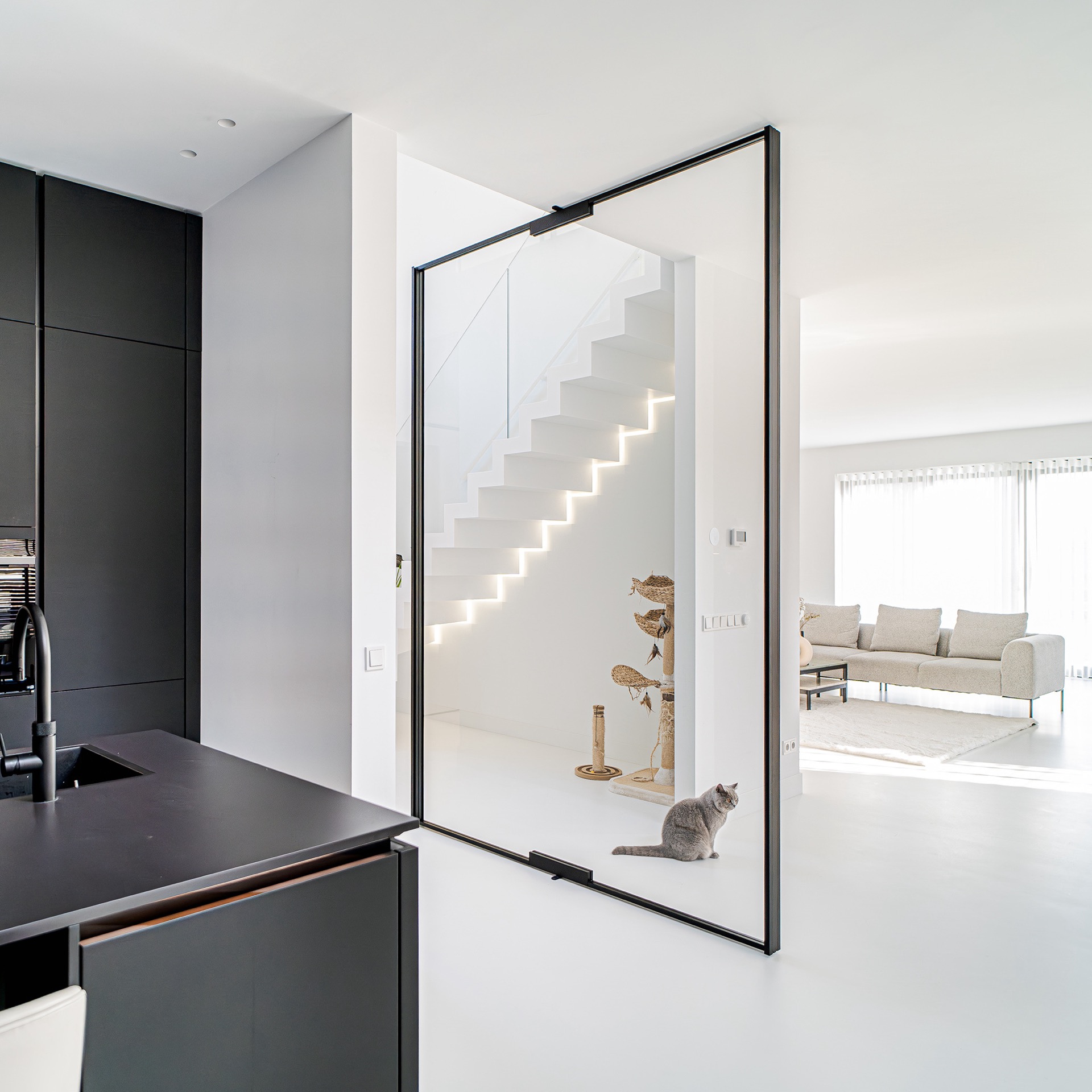 porta pivot effetto acciaio in vetro: porta pivot con vetro e profili scuri sottili con vista verso le scale, Luxury, Design, Exclusive, Modern, Custom Made, Special, Beautiful