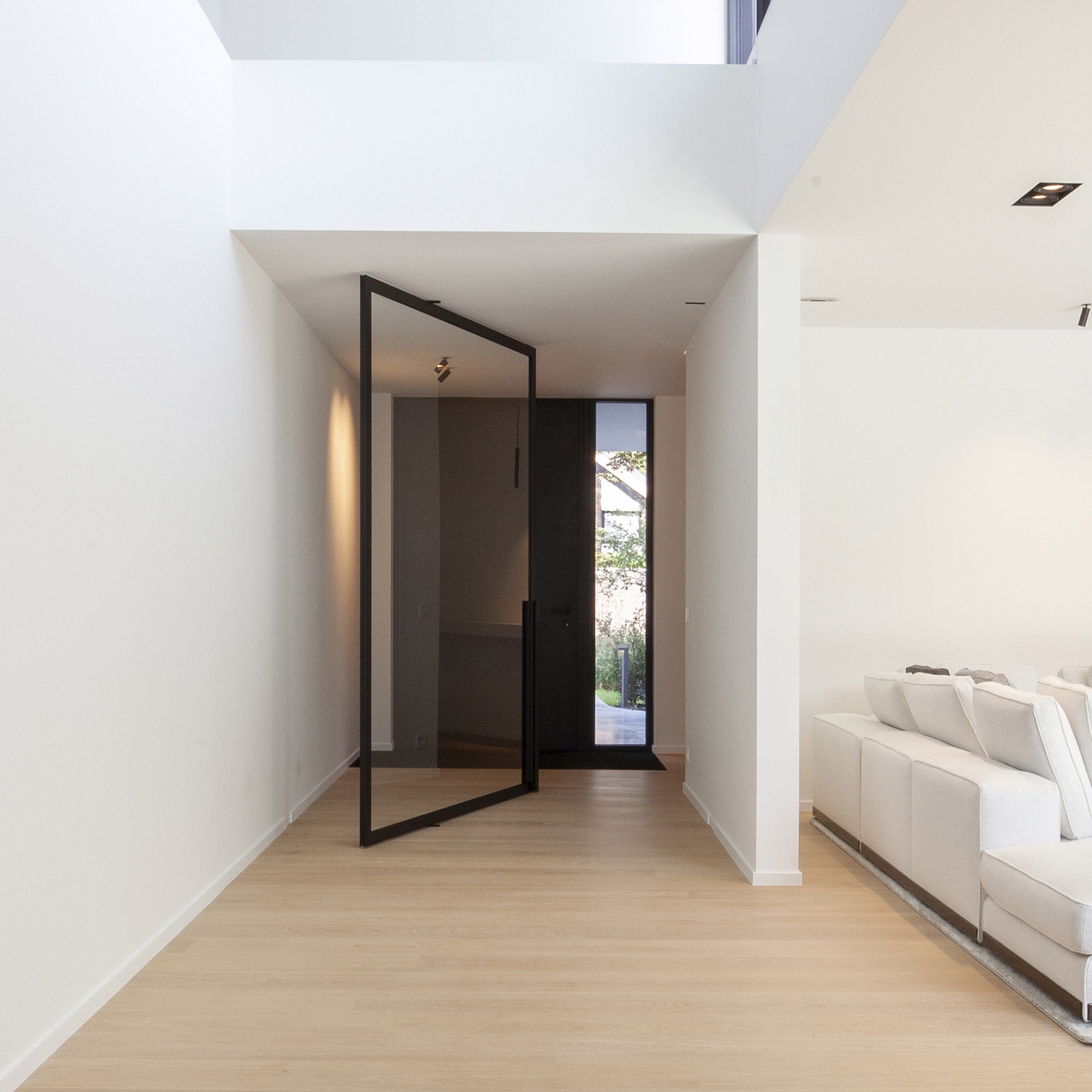 porta pivot effetto acciaio in vetro: porta taats in vetro effetto acciaio con cornice scura in uno spazio pulito con, Luxury, Design, Exclusive, Modern, Custom Made, Special, Beautiful