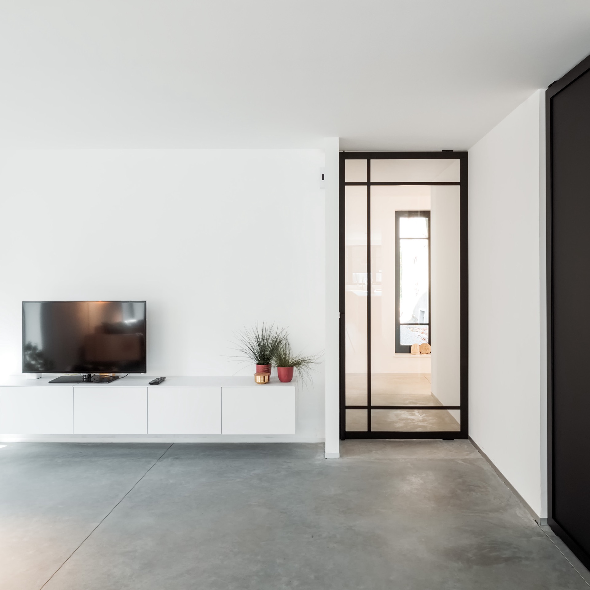 porta pivot effetto acciaio in vetro: porta taats in vetro con cornice effetto acciaio con vista verso il soggiorno, Luxury, Design, Exclusive, Modern, Custom Made, Special, Beautiful