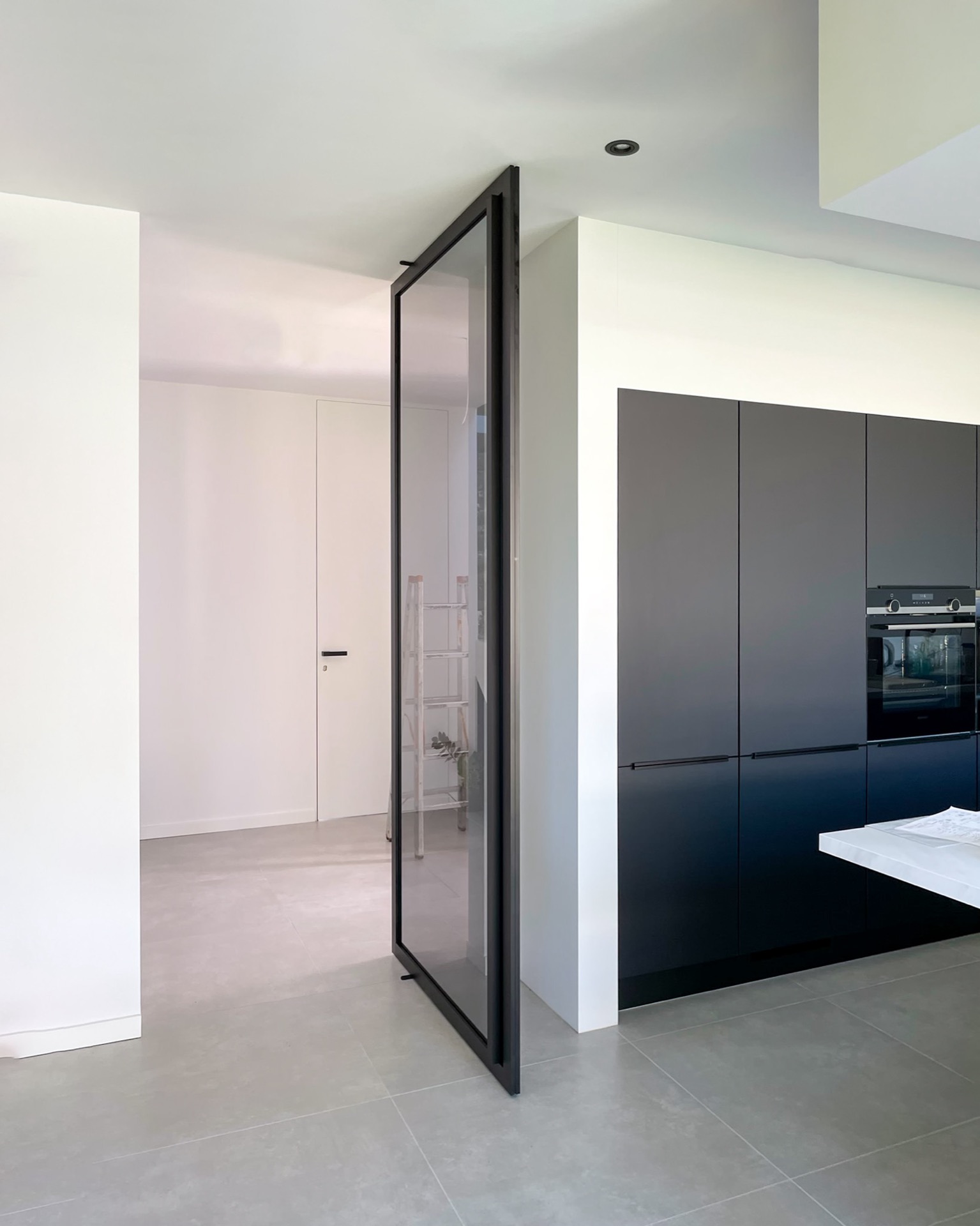 porta pivot effetto acciaio in vetro: porta pivot taats effetto acciaio con vetro e cornice scura con vista sul giardino, Luxury, Design, Exclusive, Modern, Custom Made, Special, Beautiful