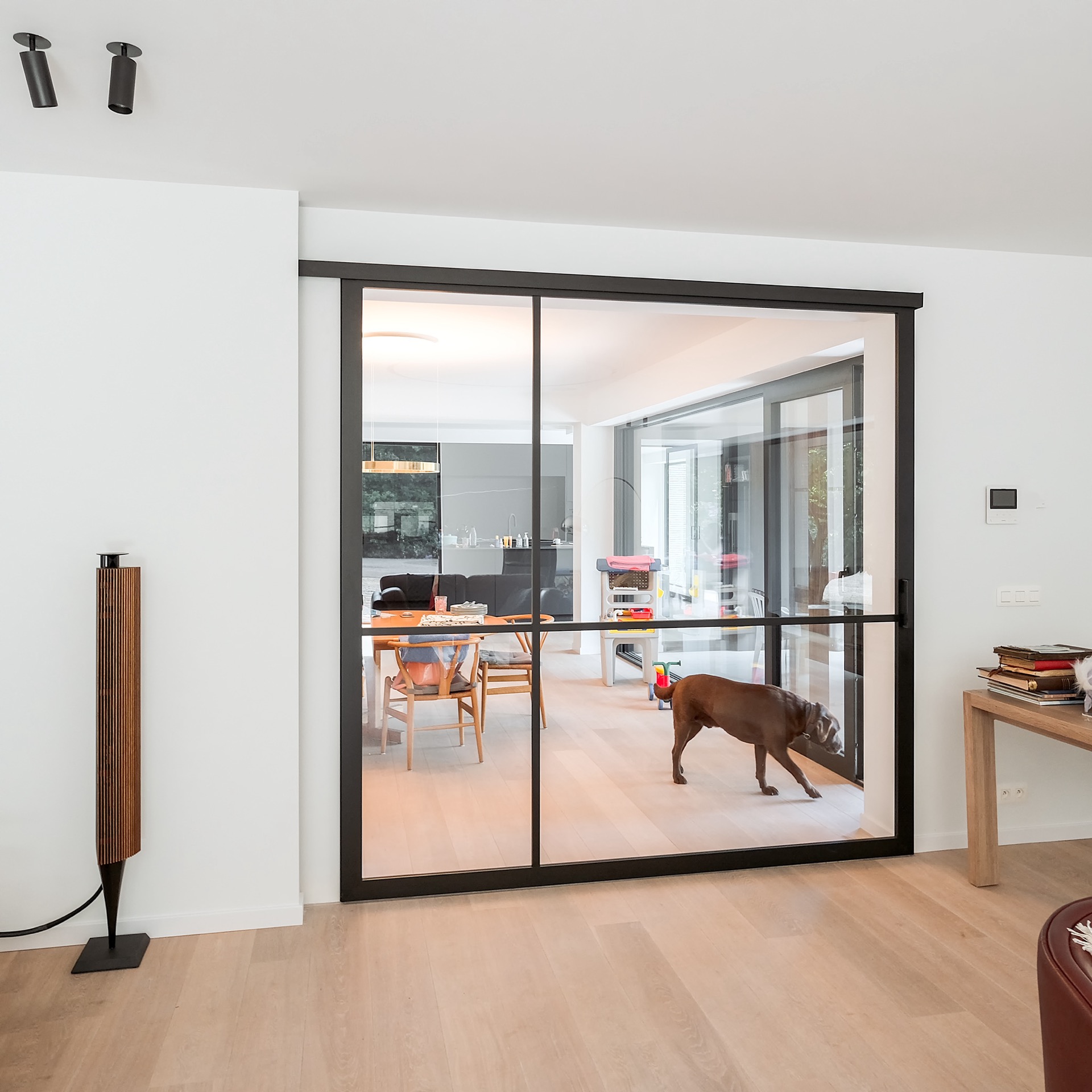 porta scorrevole steel look: dettaglio di pannelli in vetro steel look con profili neri sottili, Luxury, Design, Exclusive, Modern, Custom Made, Special, Beautiful