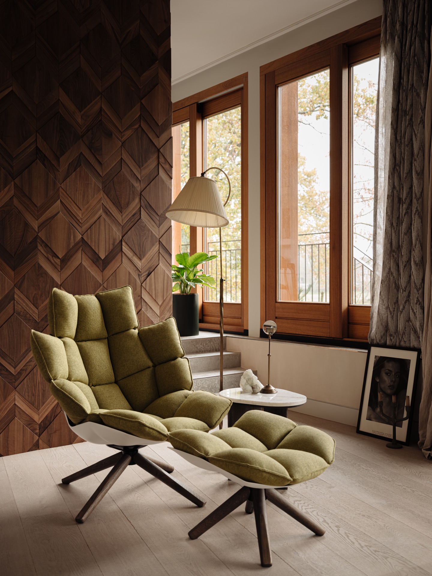 villa interior renovation: seating area by windows with walnut wood wall and curtains in warm daylight, Luxury, Design, Exclusive, Modern, Custom Made, Special, Beautiful