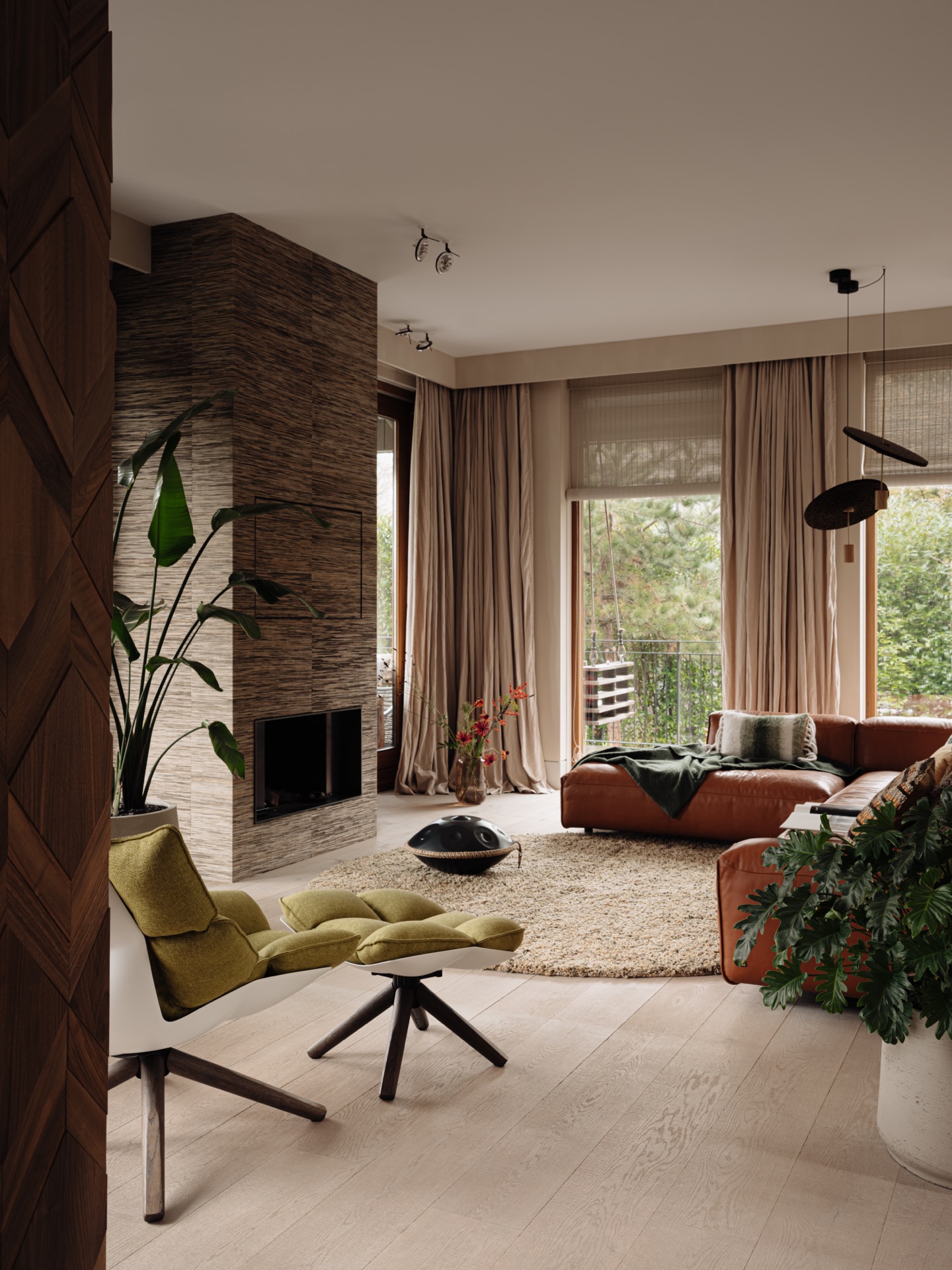 villa interior renovation: living room with open fireplace in wood accent and curtains along large windows, Luxury, Design, Exclusive, Modern, Custom Made, Special, Beautiful