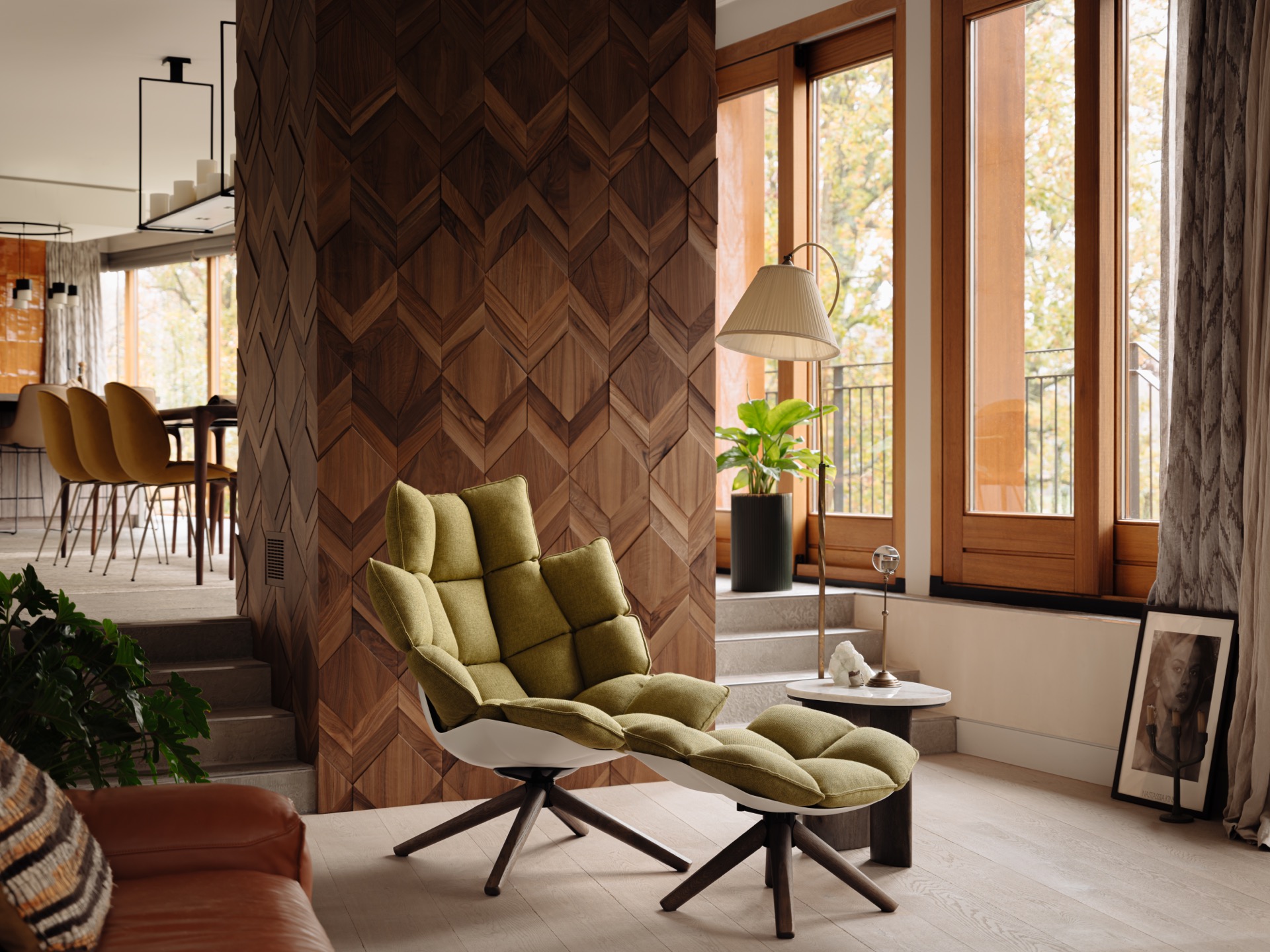 villa interior renovation: living room with walnut wood wall in diamond pattern and large window openings, Luxury, Design, Exclusive, Modern, Custom Made, Special, Beautiful