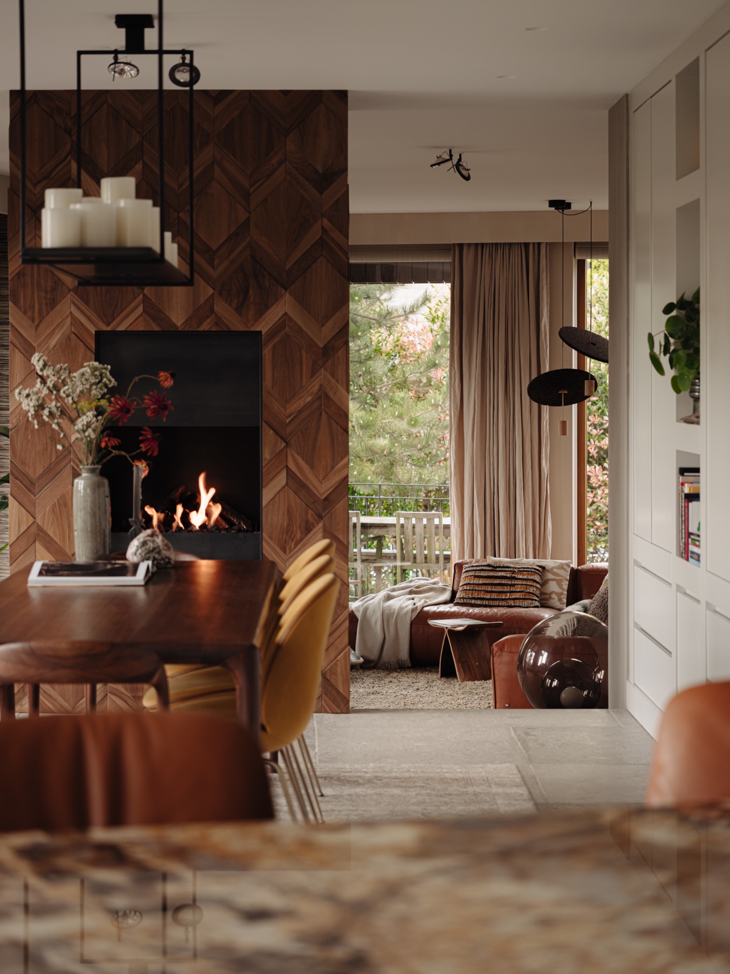 villa interior renovation: kitchen with terracotta tile wall, wooden frames and dark countertop, Luxury, Design, Exclusive, Modern, Custom Made, Special, Beautiful