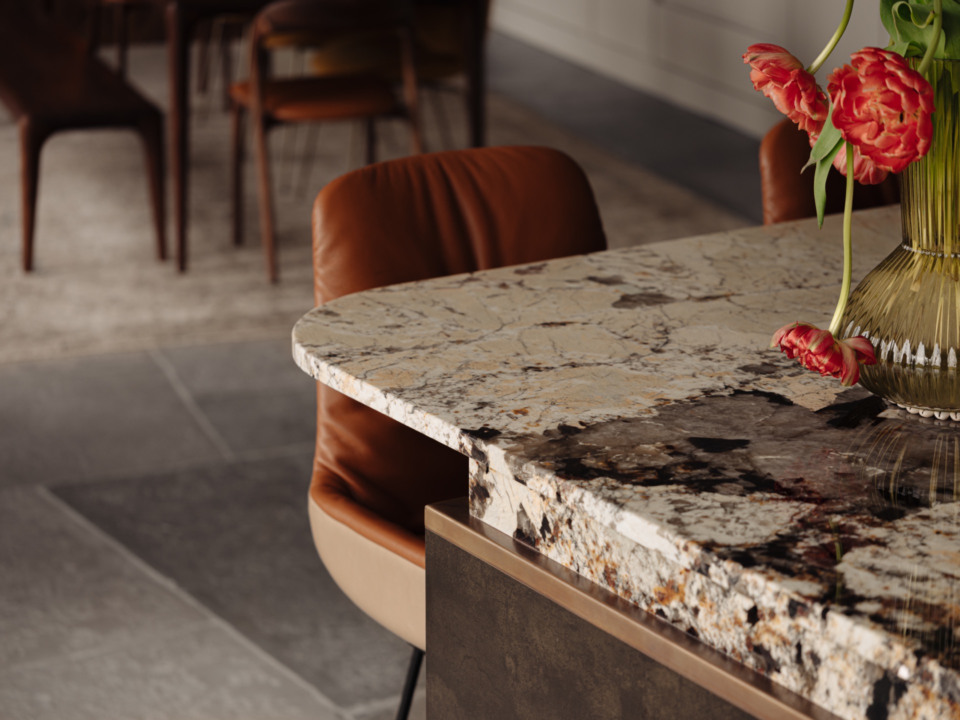 villa interior renovation: kitchen detail with stone countertop and view of window with wooden frames, Luxury, Design, Exclusive, Modern, Custom Made, Special, Beautiful
