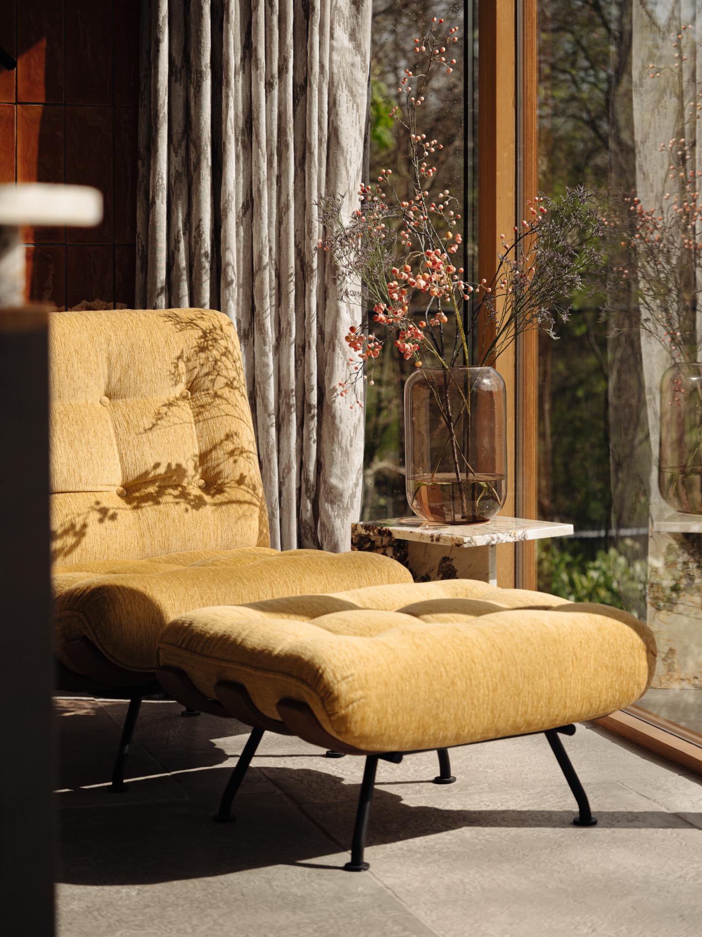 villa interior renovation: seating corner by large window with curtains and wooden frames in warm daylight, Luxury, Design, Exclusive, Modern, Custom Made, Special, Beautiful