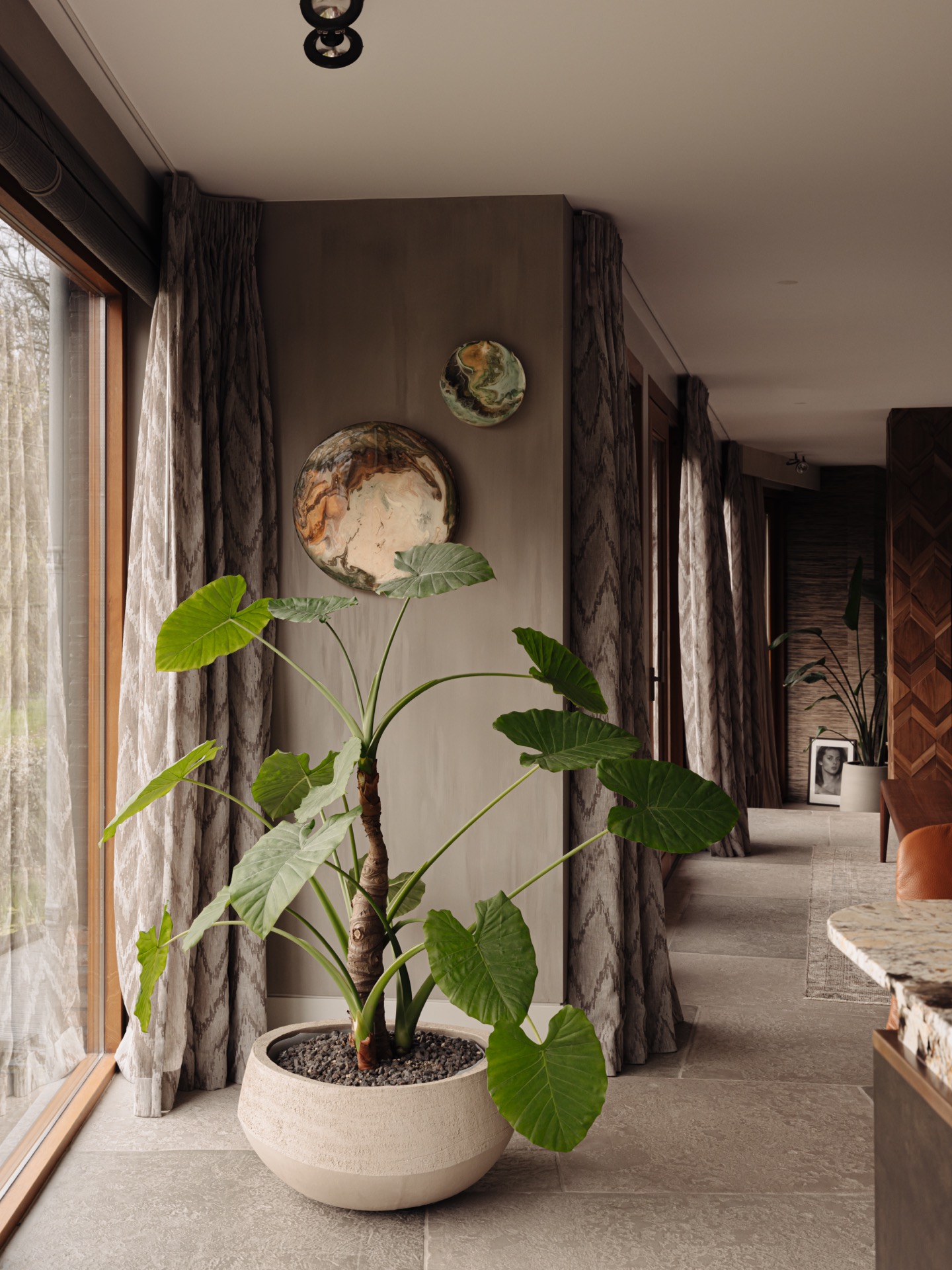 villa interior renovation: landing with window, curtains and wooden frames with view to outside, Luxury, Design, Exclusive, Modern, Custom Made, Special, Beautiful