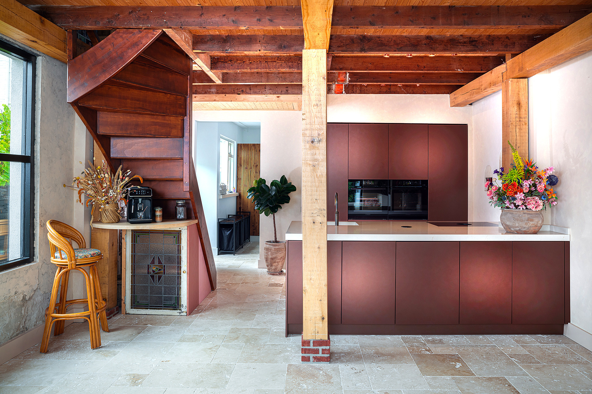 copper kitchen: copper-toned kitchen with white composite countertop, staircase and wooden beams in barn-style interior, Luxury, Design, Exclusive, Modern, Custom Made, Special, Beautiful
