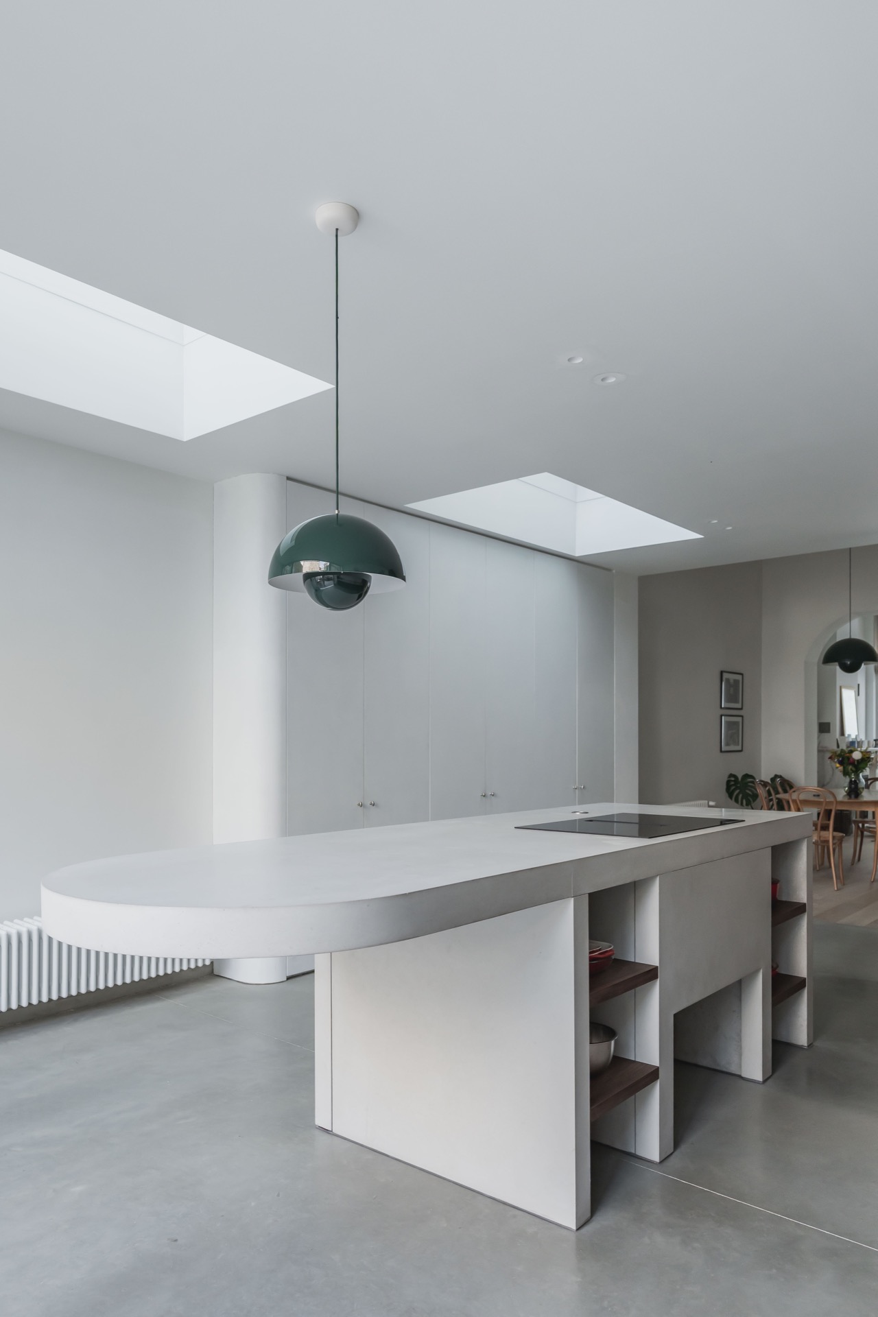 handleless walnut kitchen: minimal bathroom with tiled wall, large windows and white vanity area with bathtub zone, Luxe, Design, Exclusief, Modern, Maatwerk, Bijzondere, Mooie