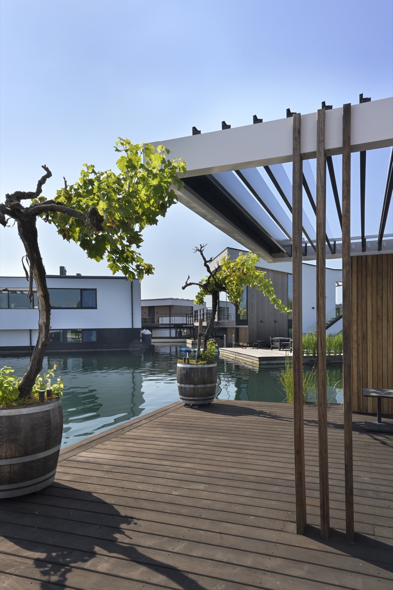 terrazza galleggiante sull’acqua: terrazza esterna con pergola in legno, ringhiera e fioriere vicino all’acqua, Luxury, Design, Exclusive, Modern, Custom Made, Special, Beautiful