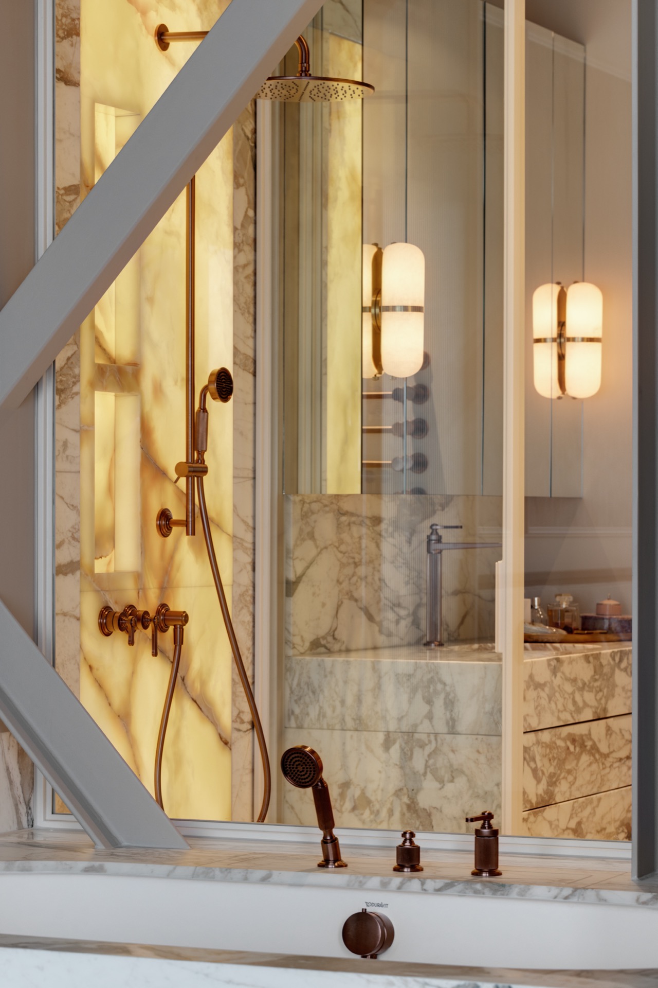 custom interior with marble accents: bathroom shower with glass enclosure and marble-like tile finishes for a luxury look, Luxe, Design, Exclusief, Modern, Maatwerk, Bijzondere, Mooie