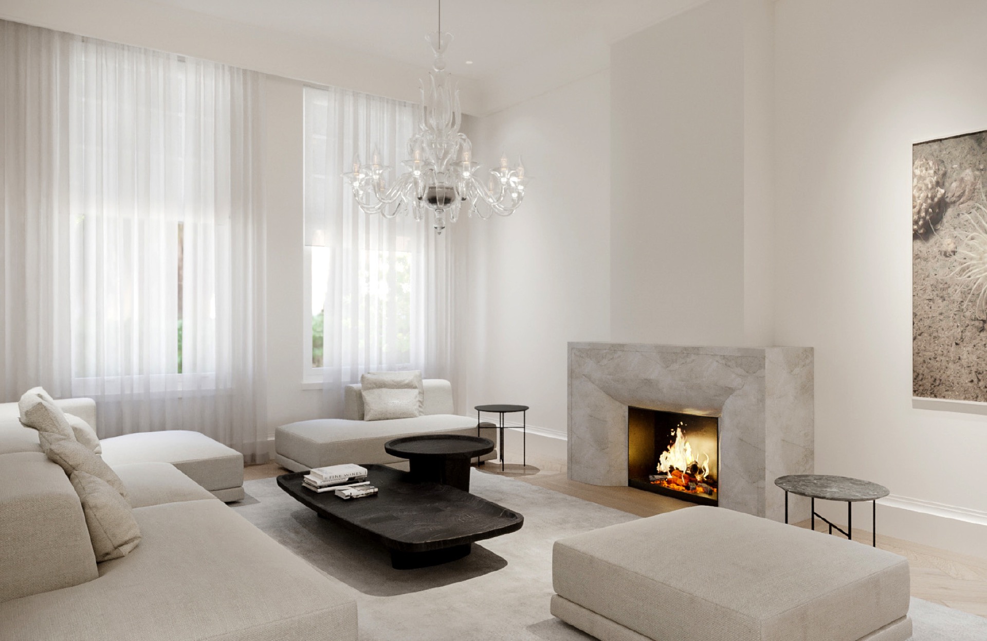 interni classici minimalisti: soggiorno luminoso con caminetto in pietra naturale e chandelier moderno, Luxury, Design, Exclusive, Modern, Custom Made, Special, Beautiful