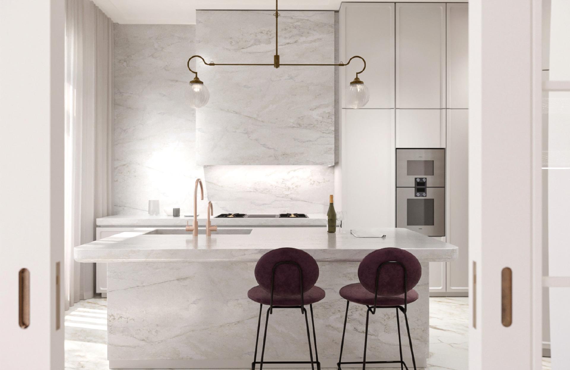 interni classici minimalisti: cucina con isola bianca e piano in pietra naturale con sospensioni, Luxury, Design, Exclusive, Modern, Custom Made, Special, Beautiful