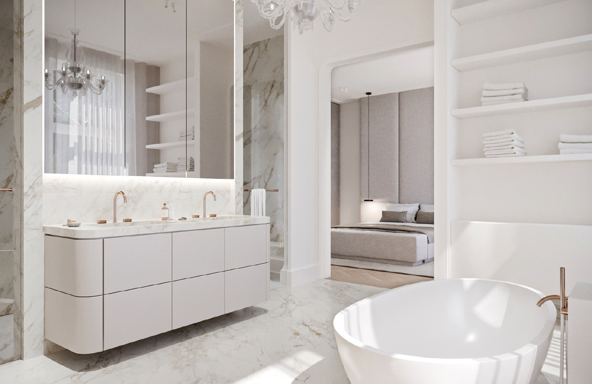 interni classici minimalisti: bagno di lusso con pareti effetto marmo, vasca freestanding e doccia in vetro, Luxury, Design, Exclusive, Modern, Custom Made, Special, Beautiful