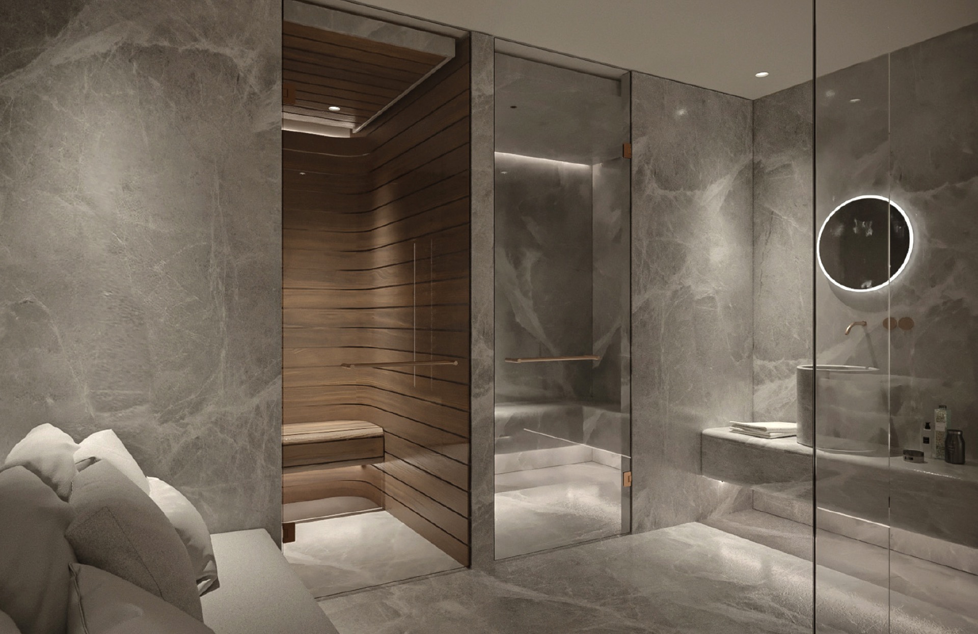 interni classici minimalisti: bagno in stile spa con pareti effetto marmo, doccia in vetro e specchio rotondo, Luxury, Design, Exclusive, Modern, Custom Made, Special, Beautiful