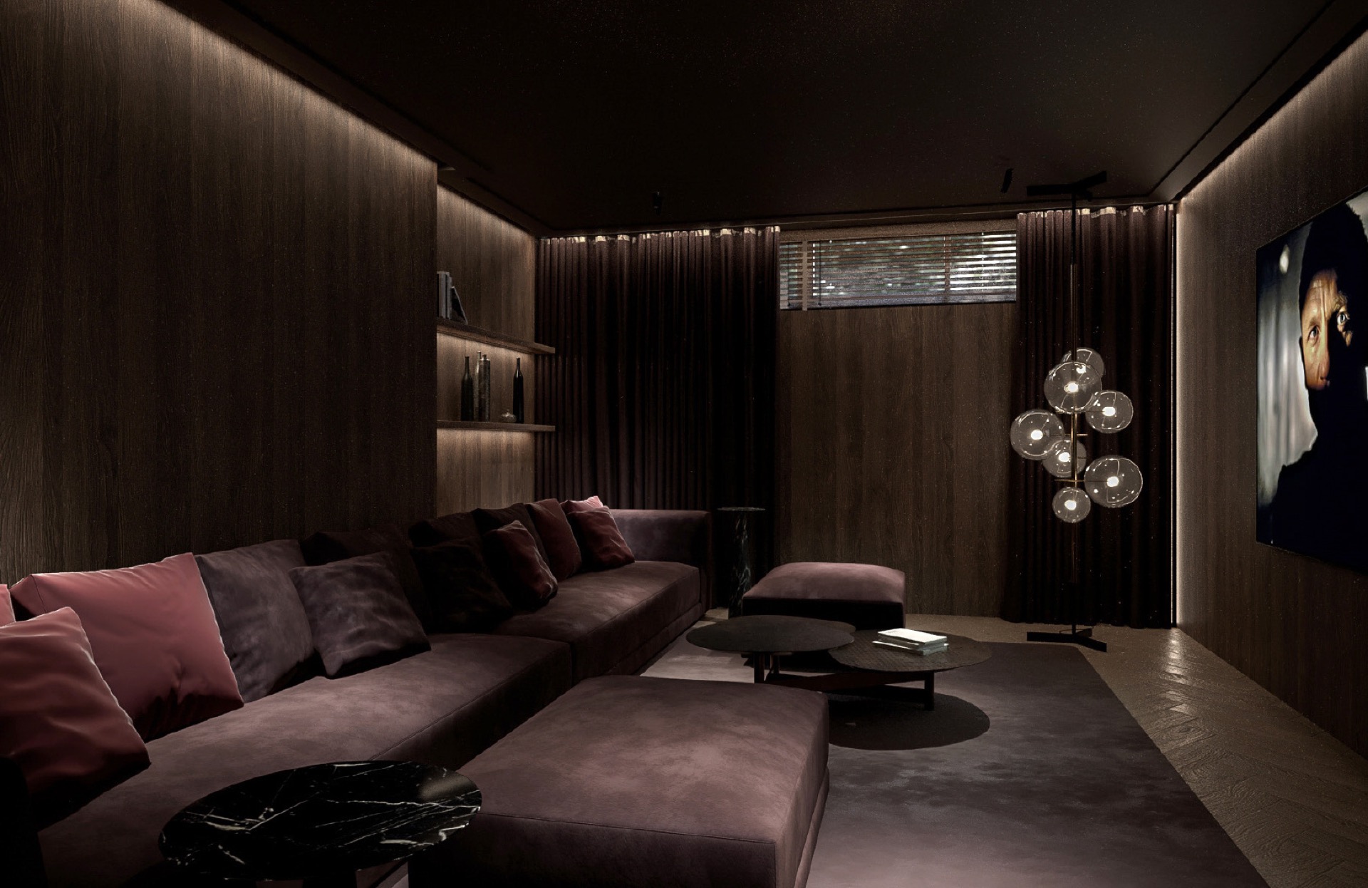 interni classici minimalisti: sala home cinema scura con pannelli in noce, divano e illuminazione d’atmosfera, Luxury, Design, Exclusive, Modern, Custom Made, Special, Beautiful