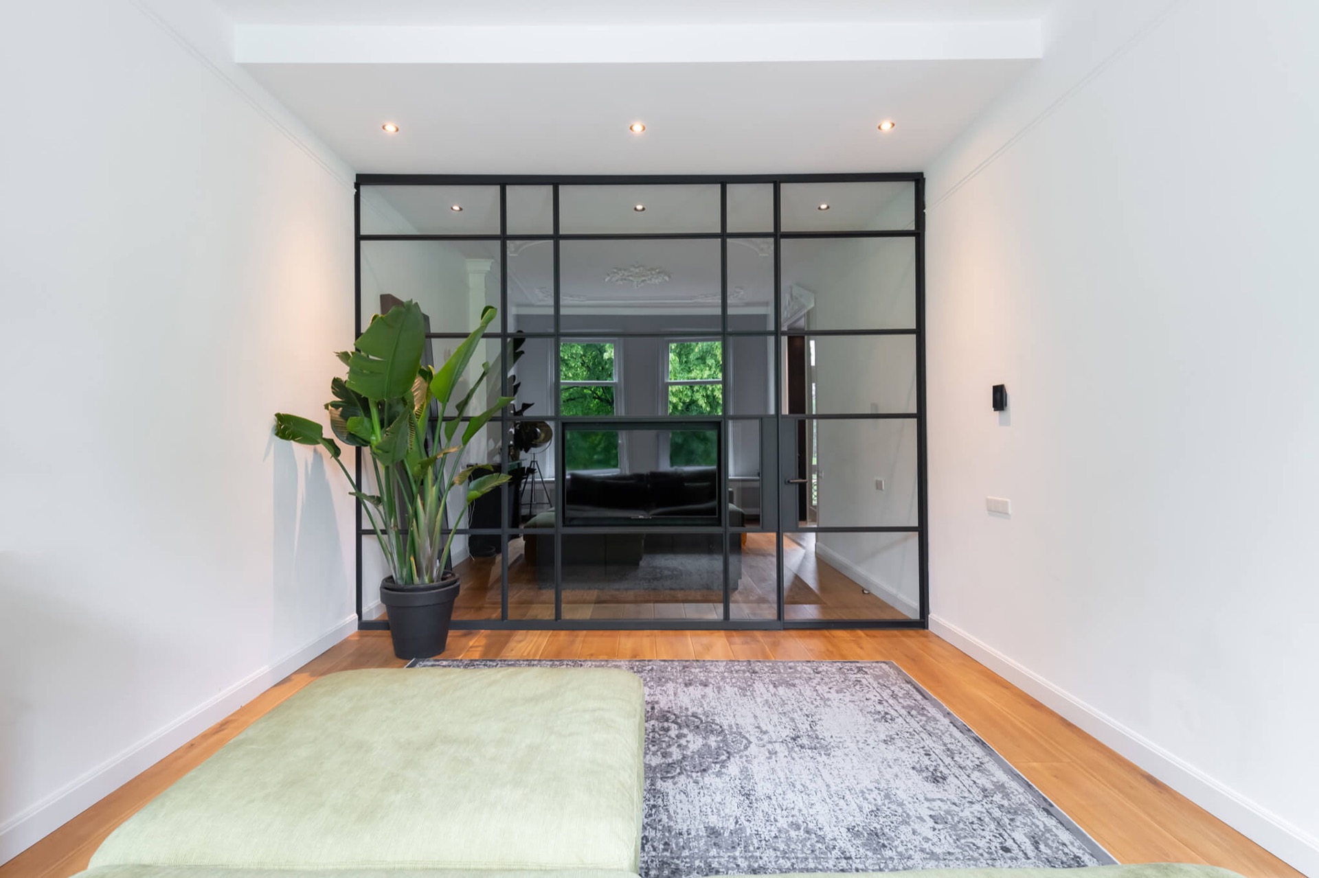 glass TV wall with hinged door: front view of a glass cinewall with black aluminum frames and a hinged door, Luxury, Design, Exclusive, Modern, Custom Made, Special, Beautiful