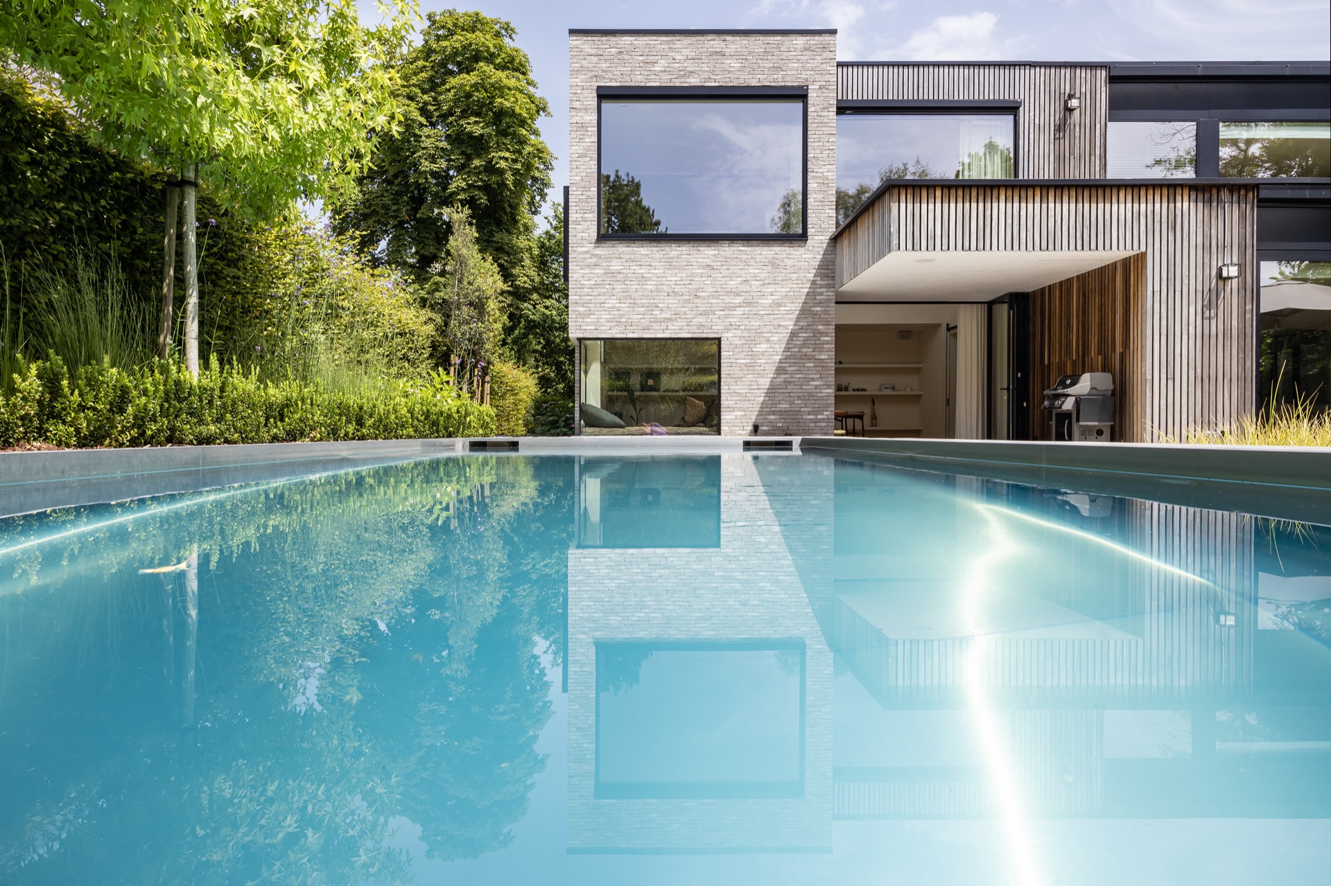 piscina in acciaio inox 10x4 m: bordo vegetazione vicino alla piscina in acciaio inox con erbe ornamentali e arbusti bassi, Luxury, Design, Exclusive, Modern, Custom Made, Special, Beautiful