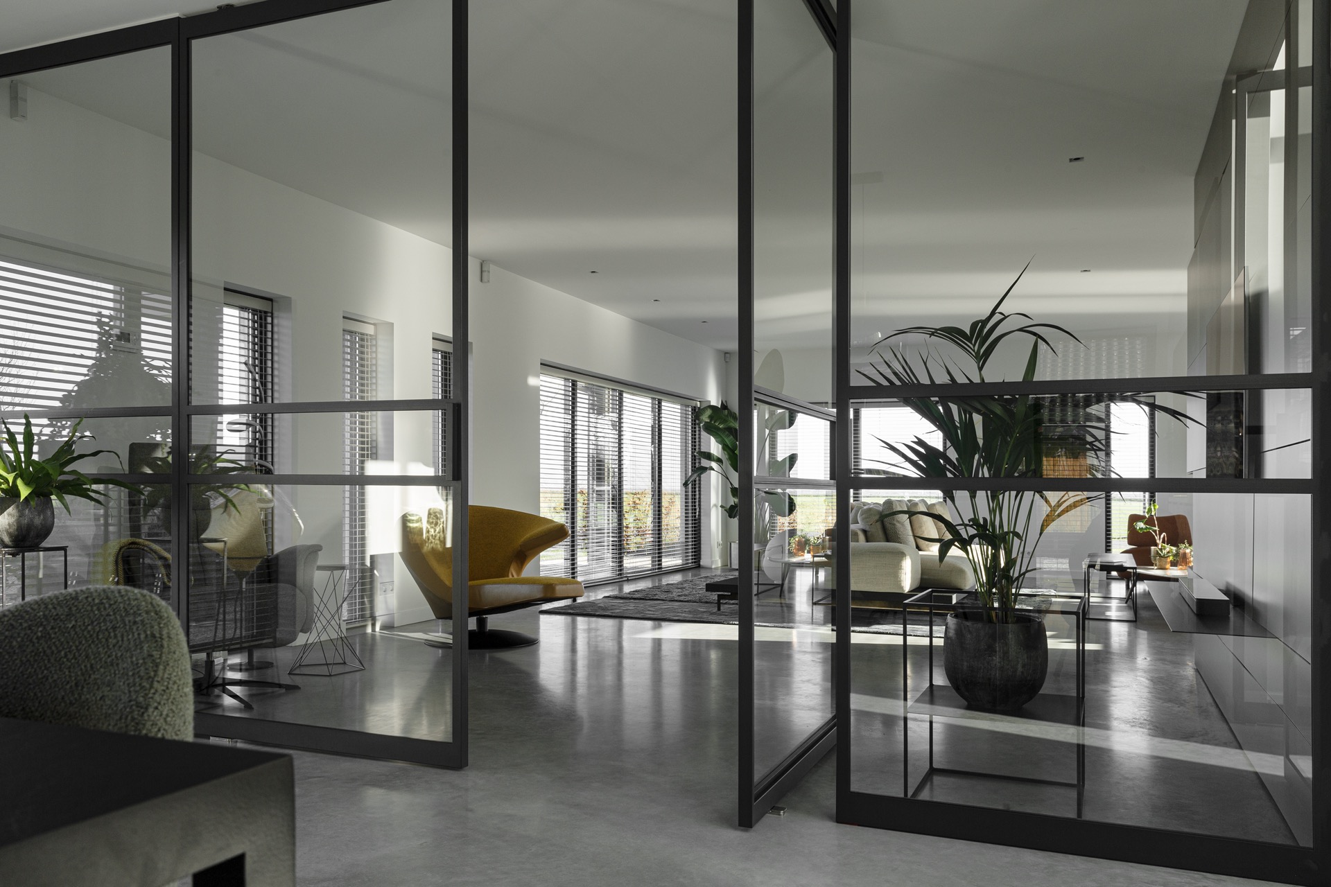 pareti in cemento decorativo: soggiorno con pavimento in cemento grigio e telai neri, visto da una vetrata, Luxury, Design, Exclusive, Modern, Custom Made, Special, Beautiful